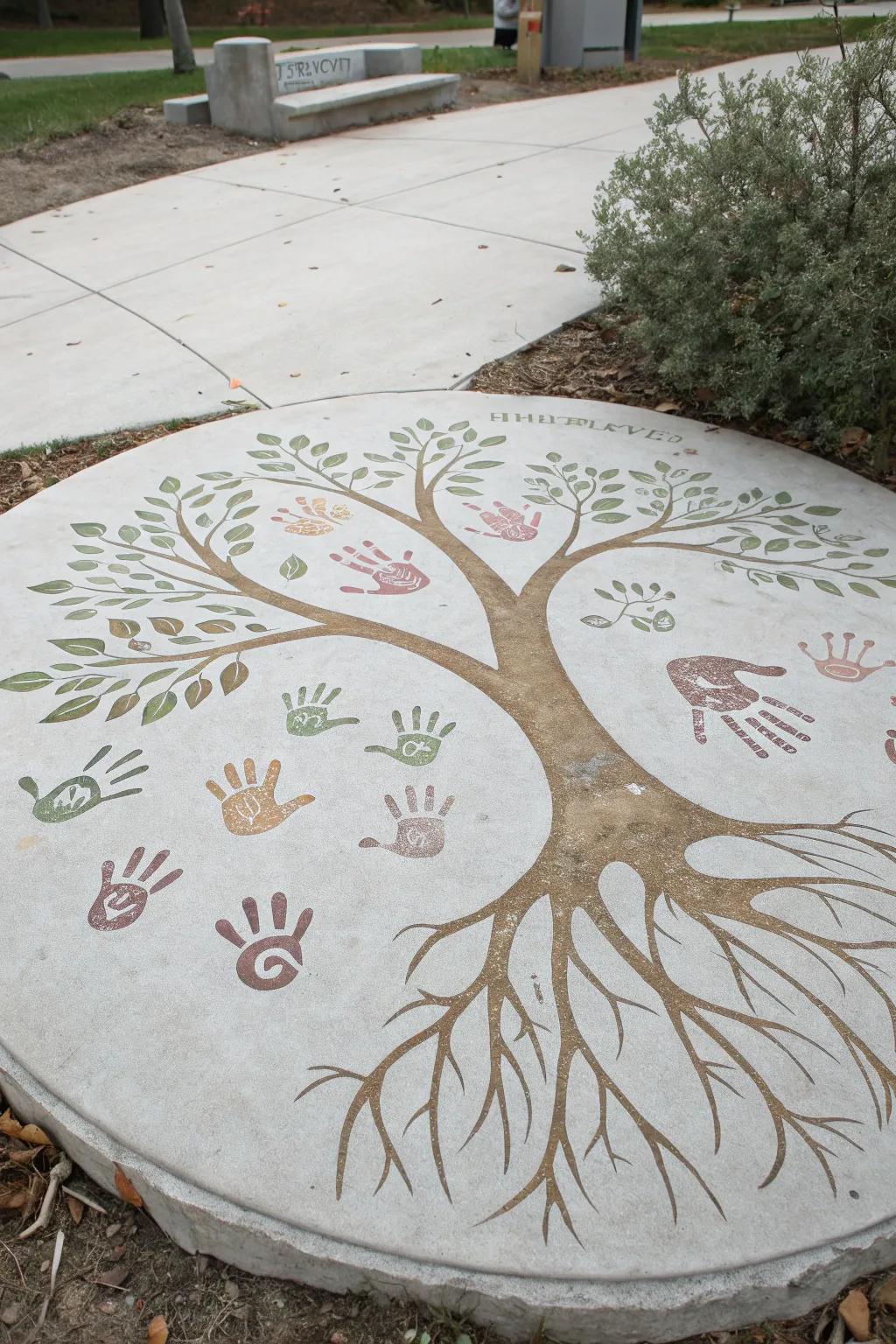 Celebrate family bonds with this beautifully crafted concrete family tree, where every handprint tells a story of growth and connection.