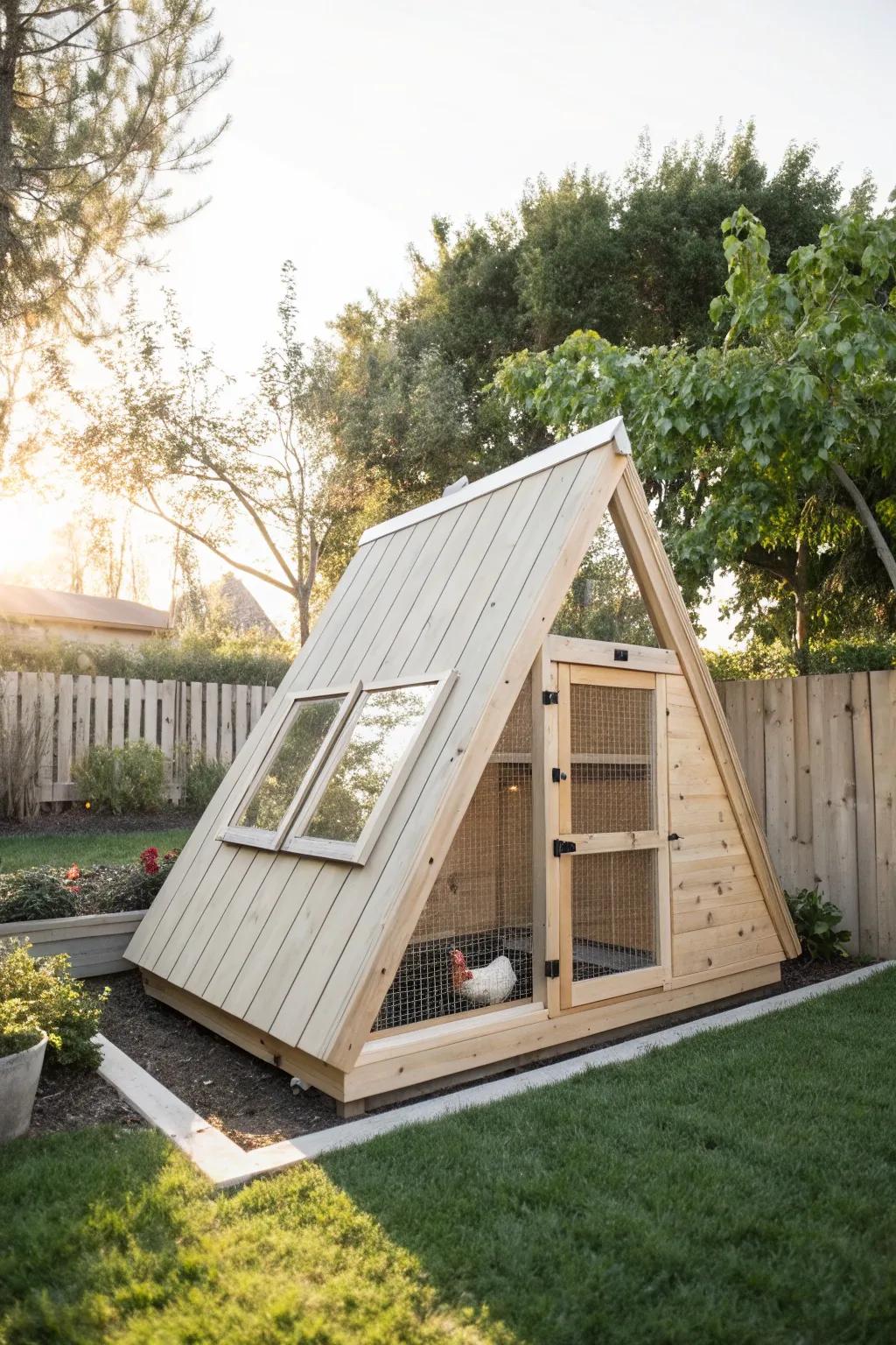 Elevate your backyard with a chic A-frame chicken coop that blends modern design with natural beauty.