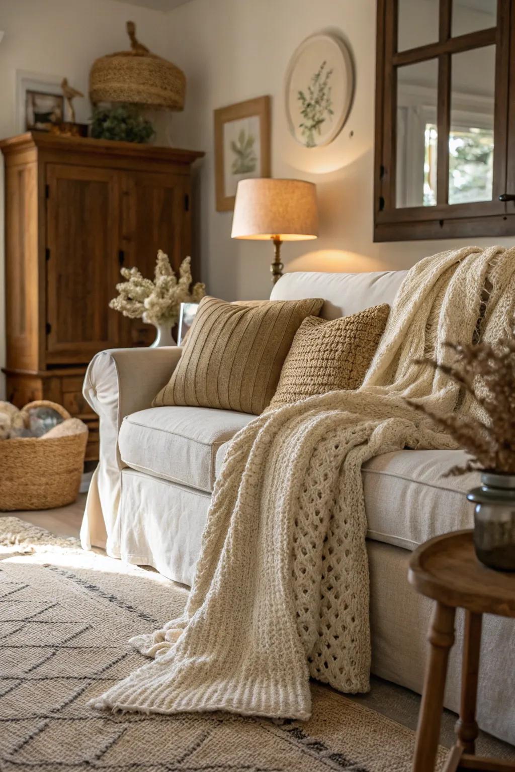 A variety of textures can bring depth and interest to your farmhouse decor.