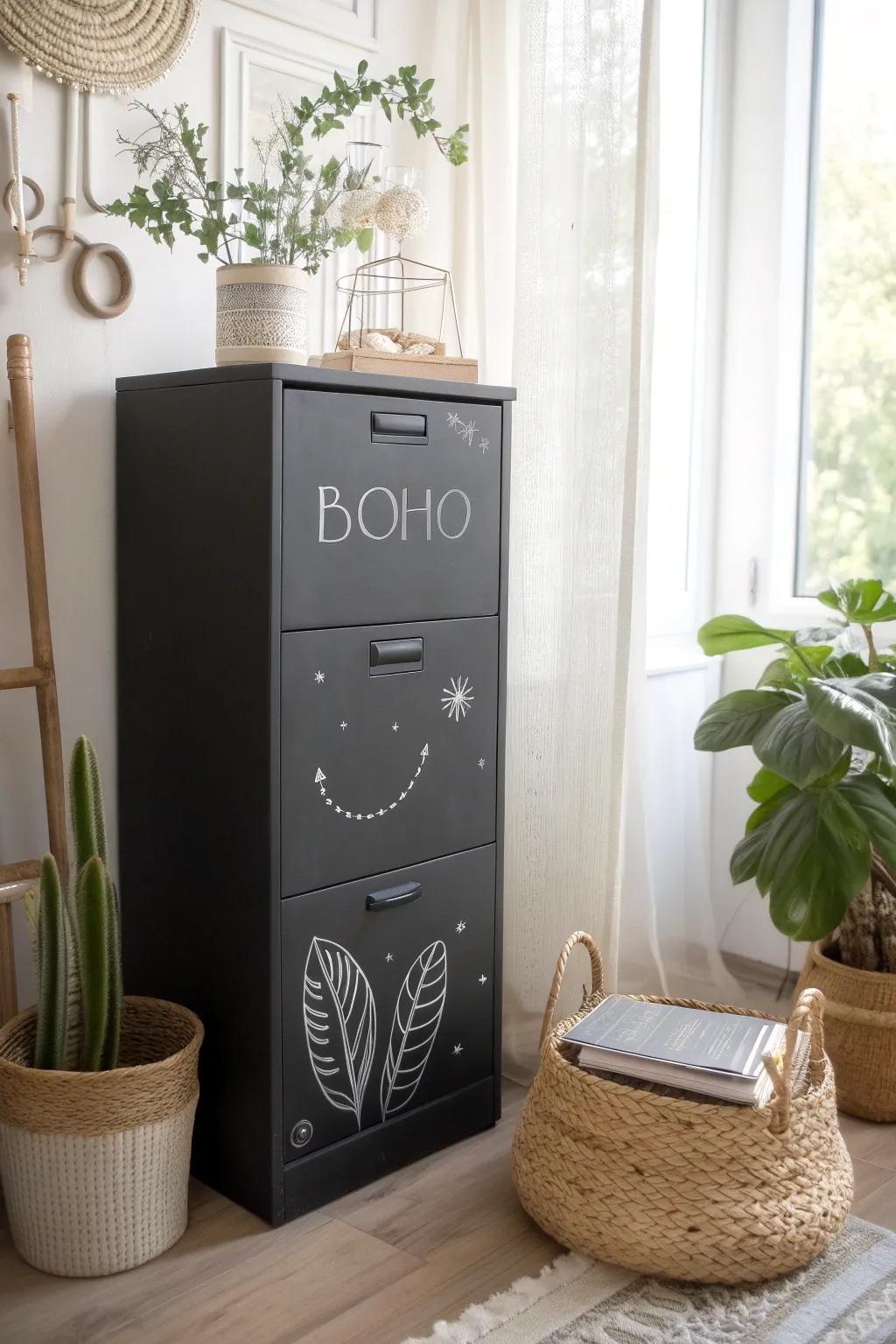 Elevate your workspace with a chic chalkboard cabinet makeover, where function meets Scandinavian simplicity and Boho charm.