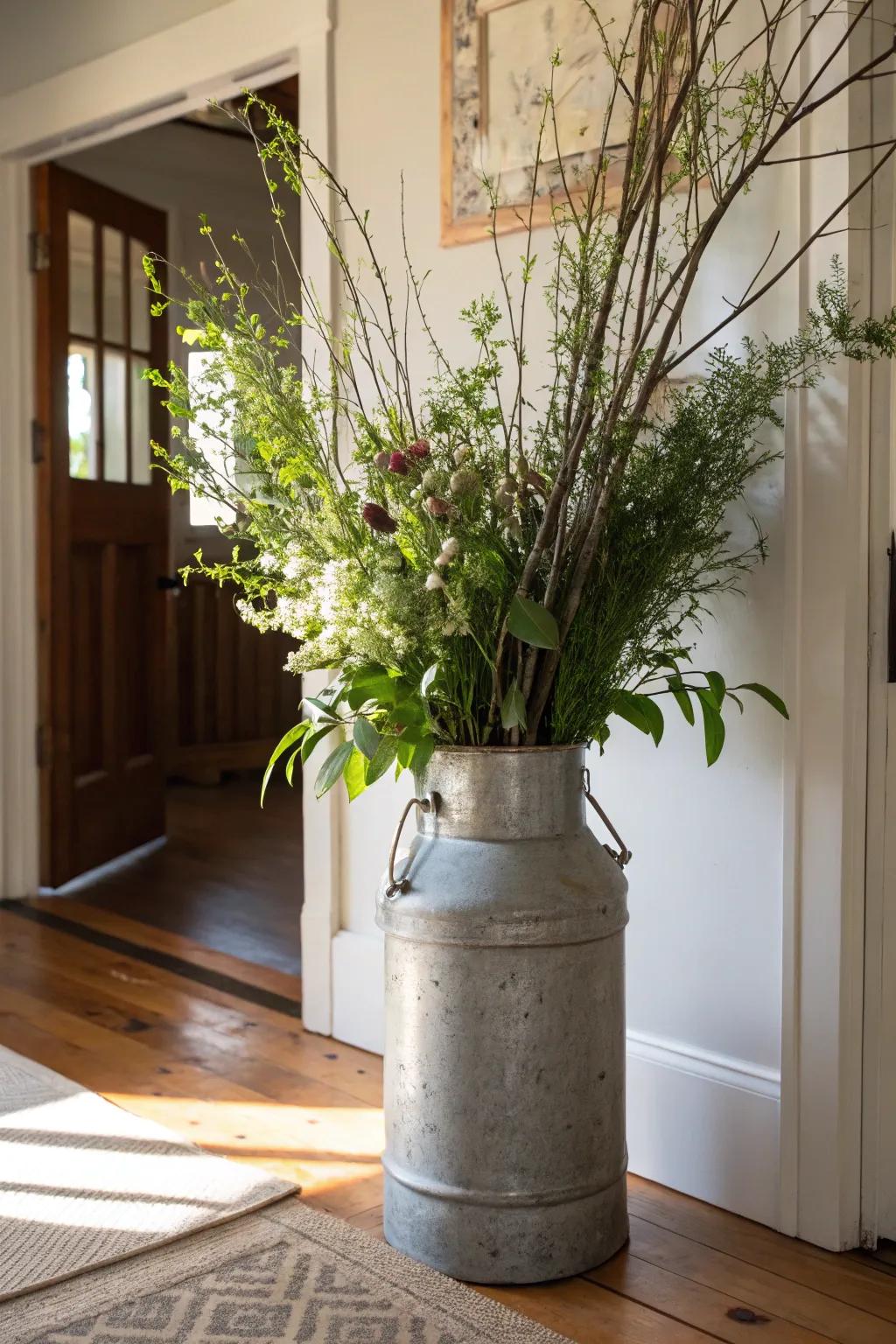 A vintage milk can makes a statement as an elegant vase.