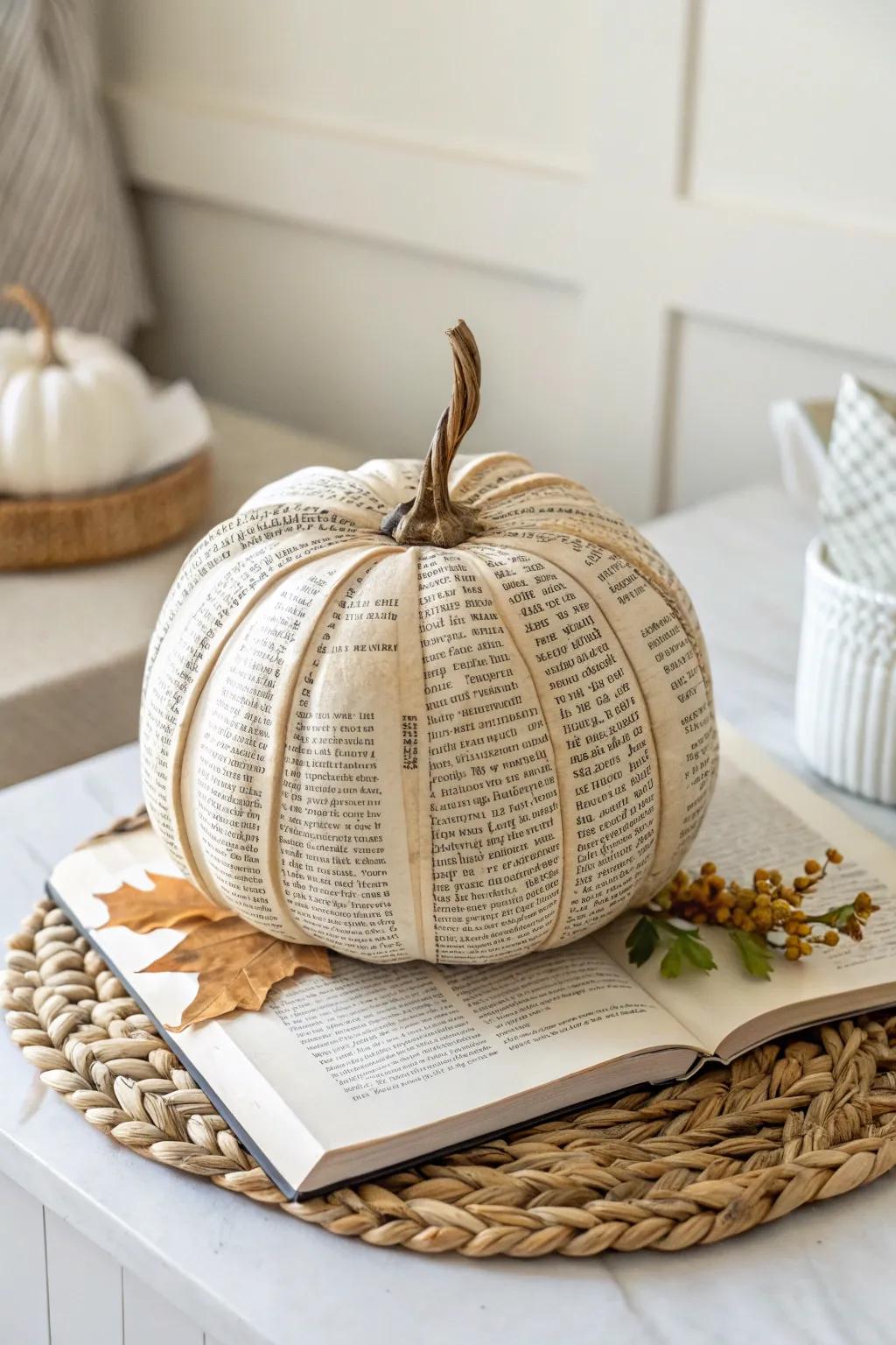 Transform your space with a touch of literary charm: decoupage foam pumpkins for a unique, minimalist look.
