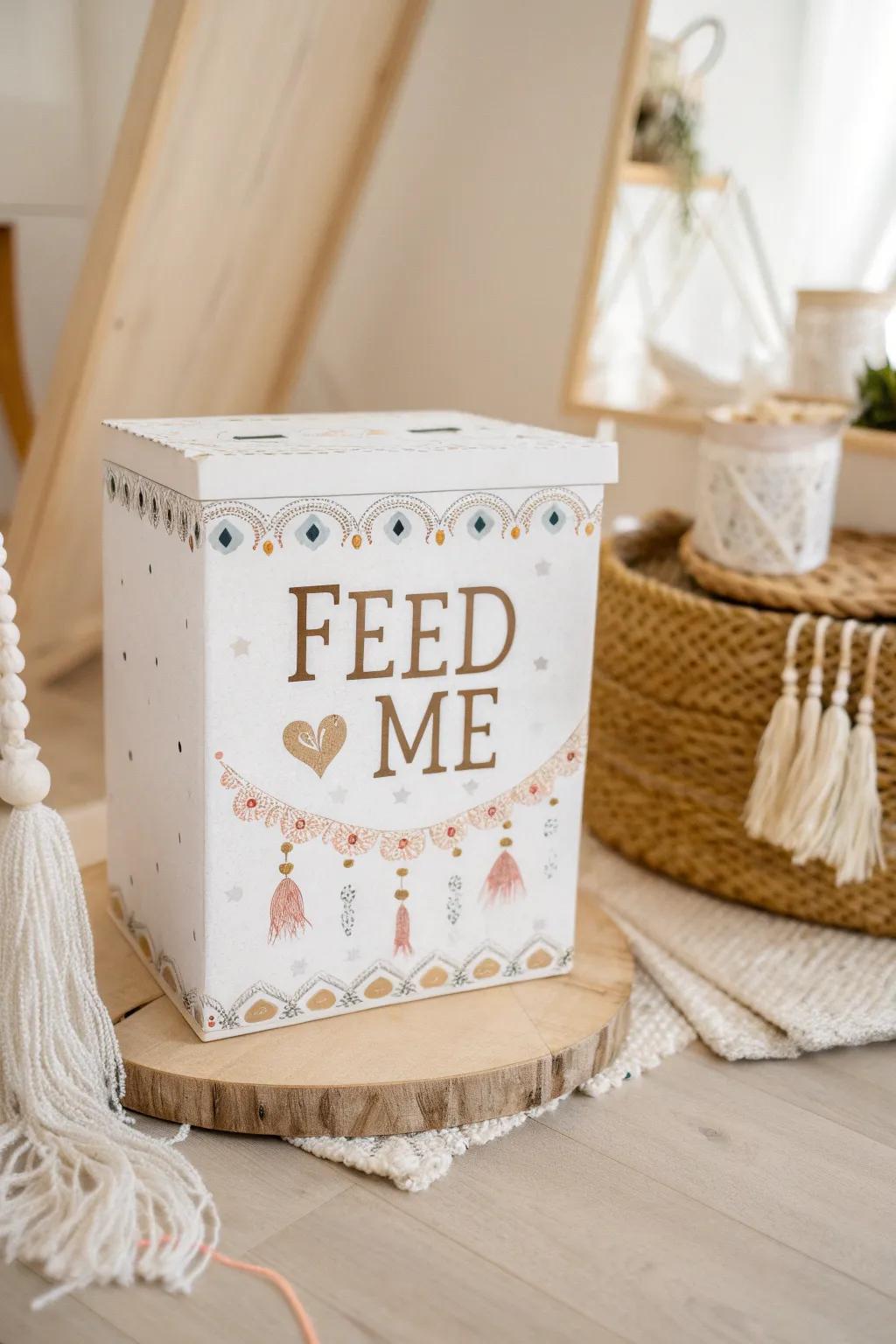Encourage generosity with style: our charming 'Feed Me' box blends minimalist elegance with a playful touch.