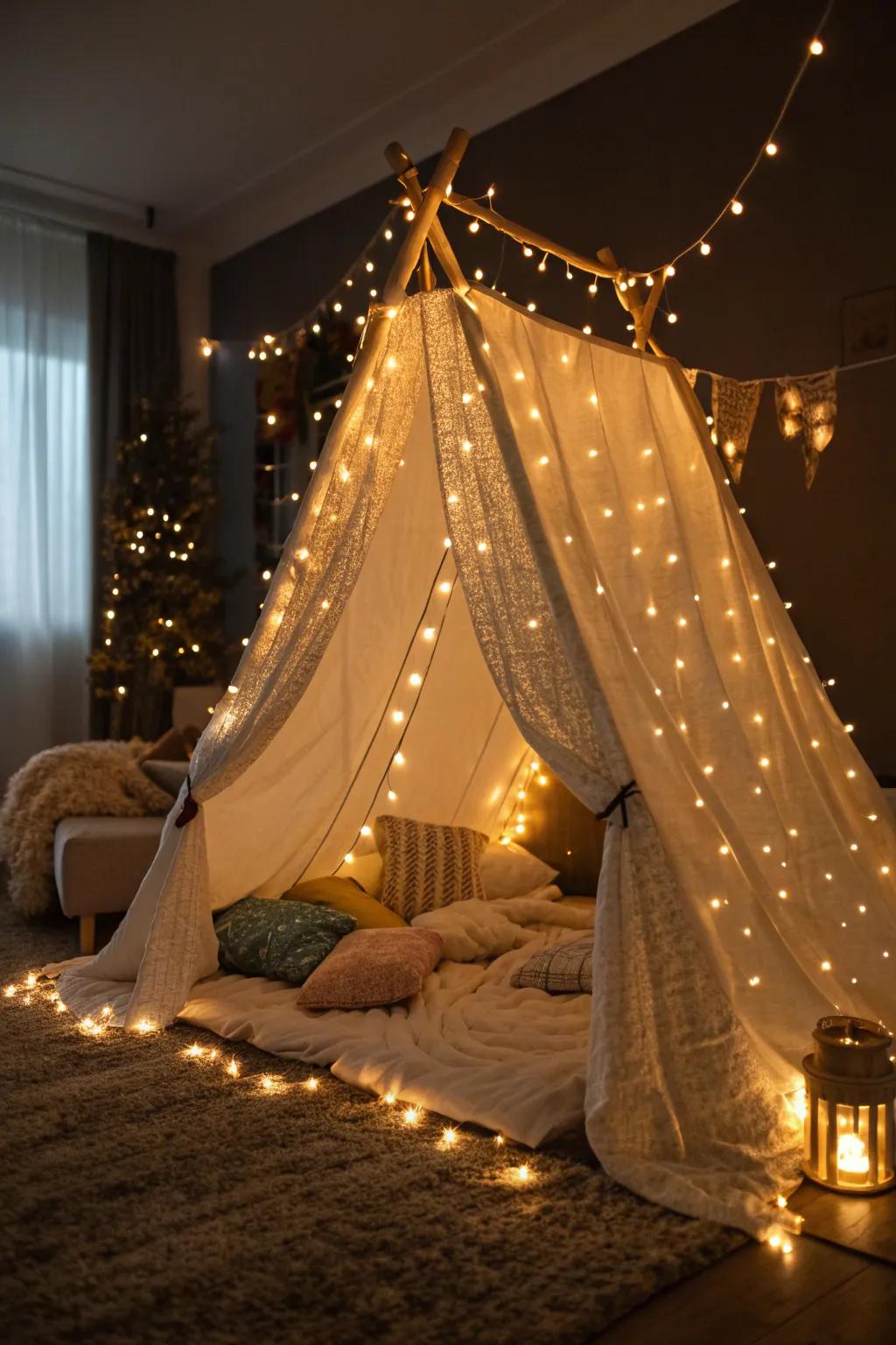 Transform your fort into a magical retreat with the warm glow of fairy lights.