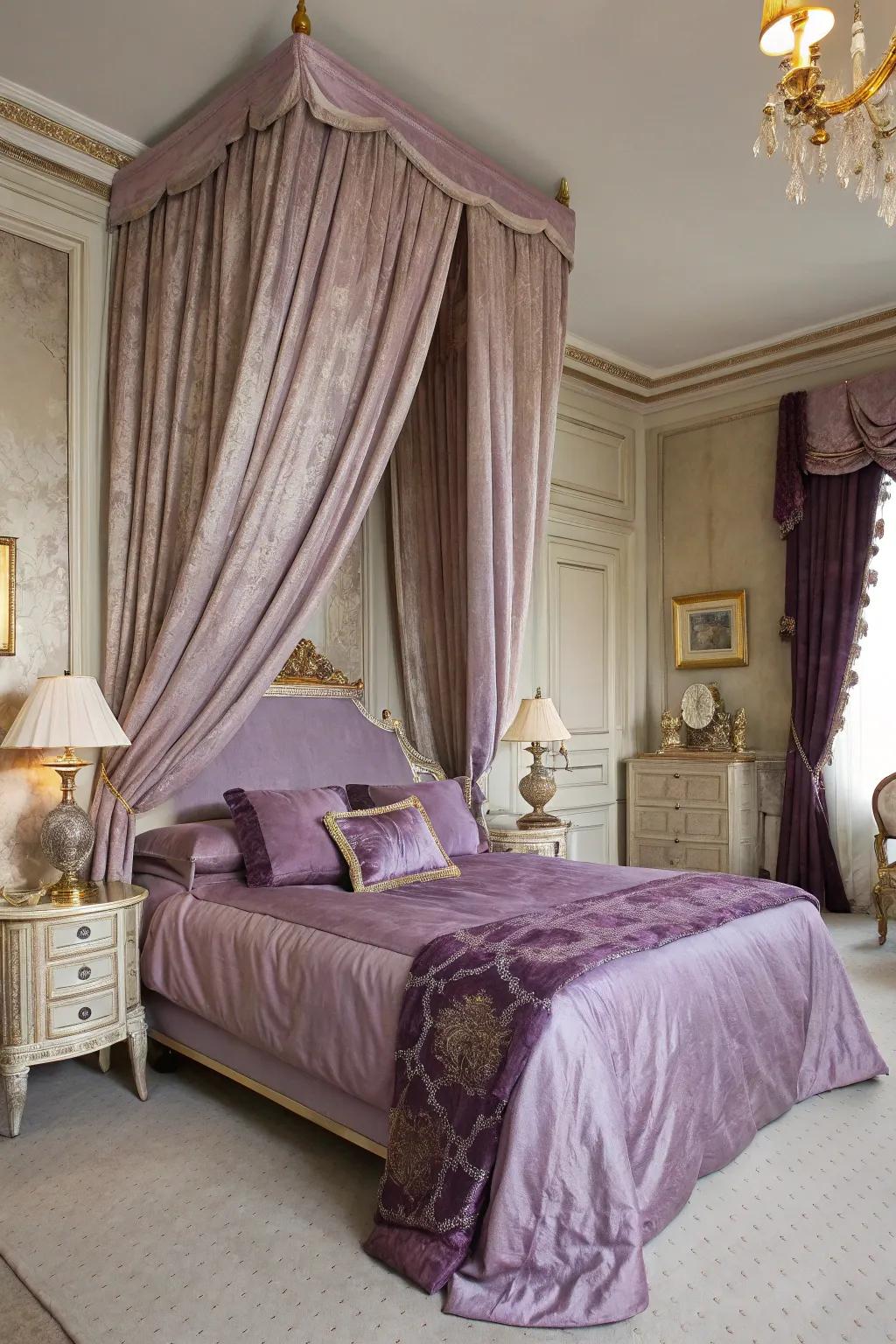 Luxurious fabrics bring opulence to this French bedroom.