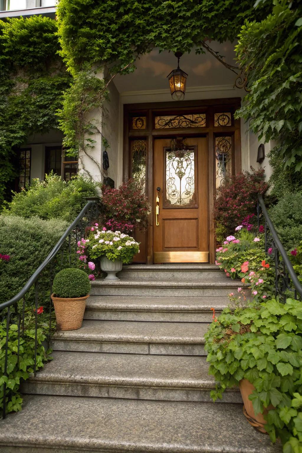 Granite steps with greenery create a natural charm.