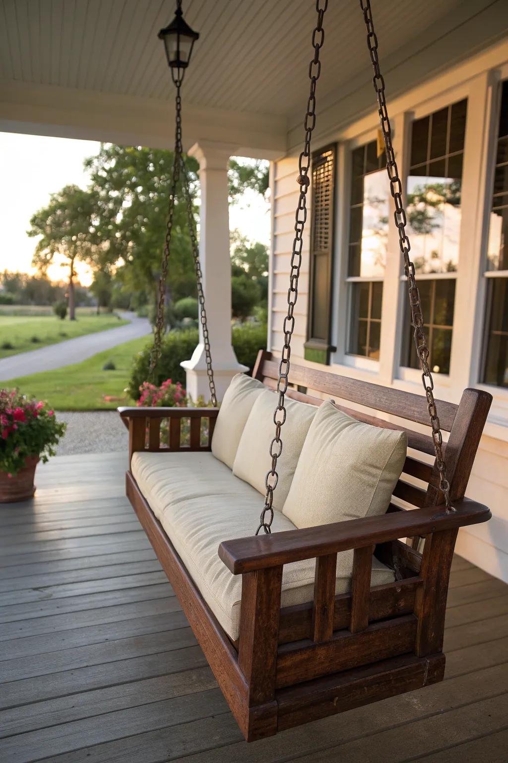 Transform your mornings with the timeless comfort of a handcrafted porch swing.