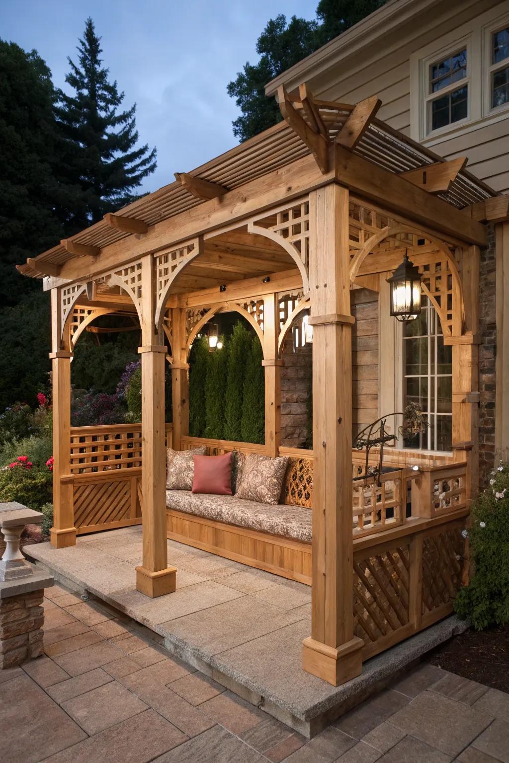 Elevate your porch with a pergola that blends style and comfort through integrated seating.