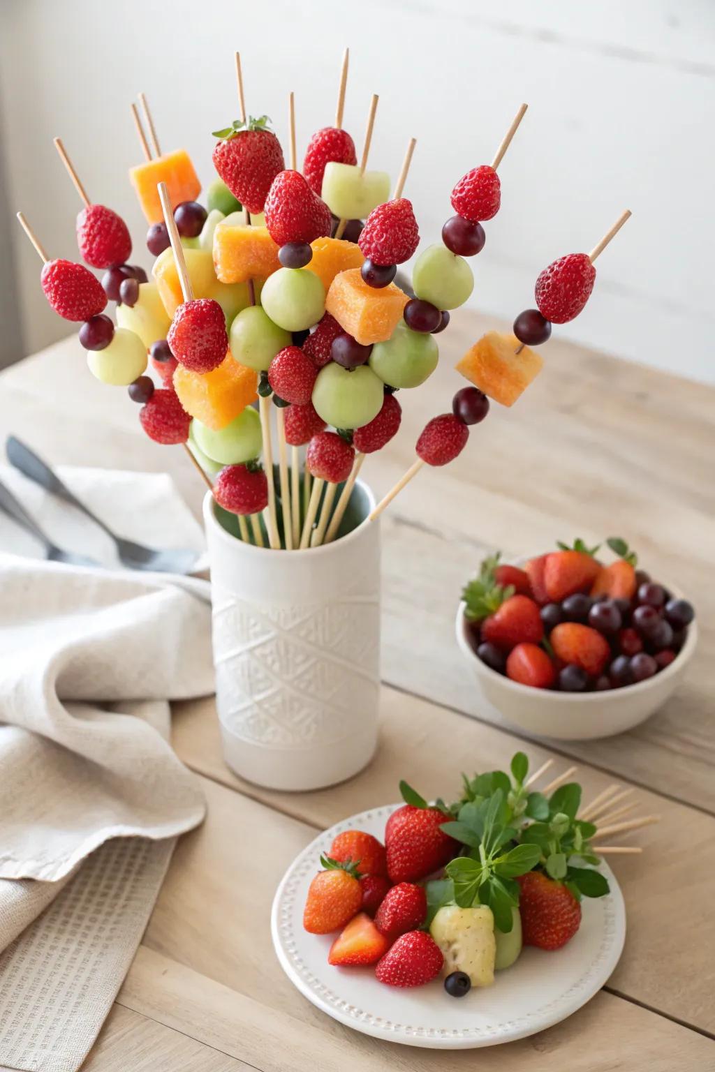 A delightful bouquet of fruit kabobs – a fresh and artistic centerpiece for any gathering!