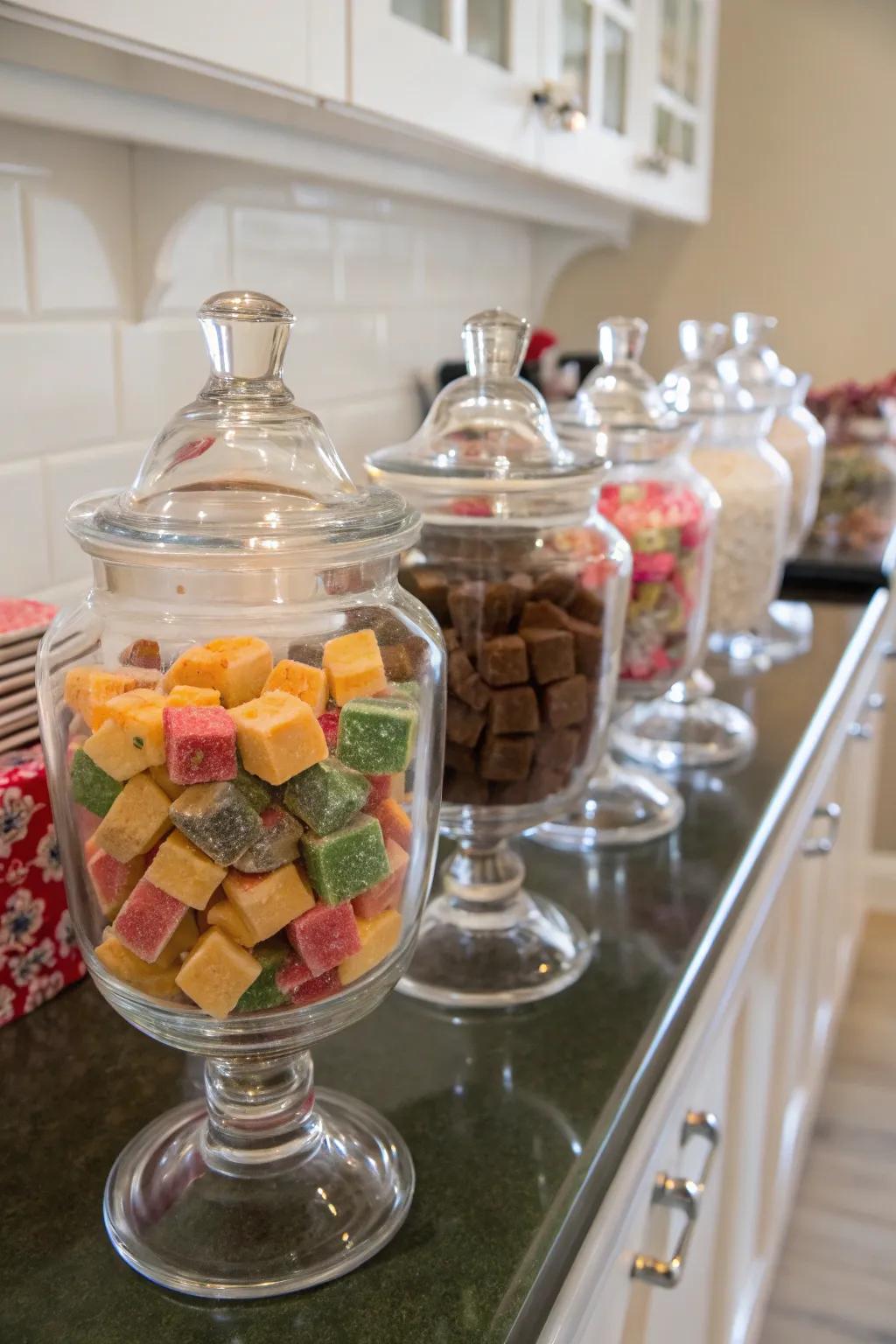 Clear glass jars showcasing vibrant fudge.