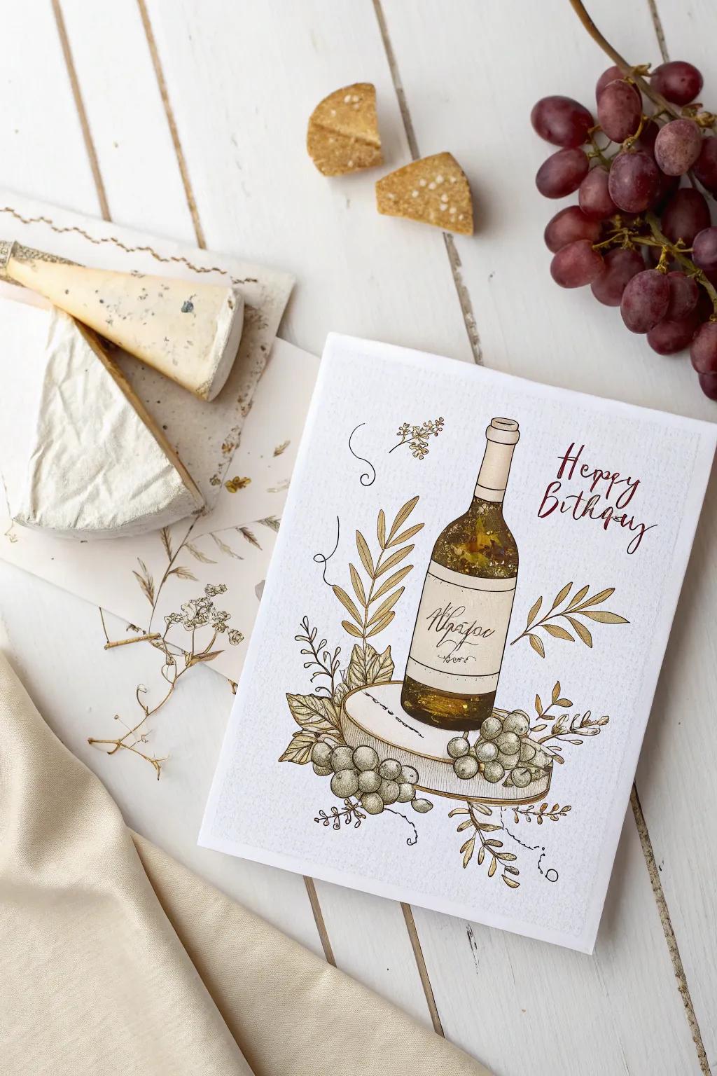 Celebrate aging like fine wine and cheese with this charming birthday card.