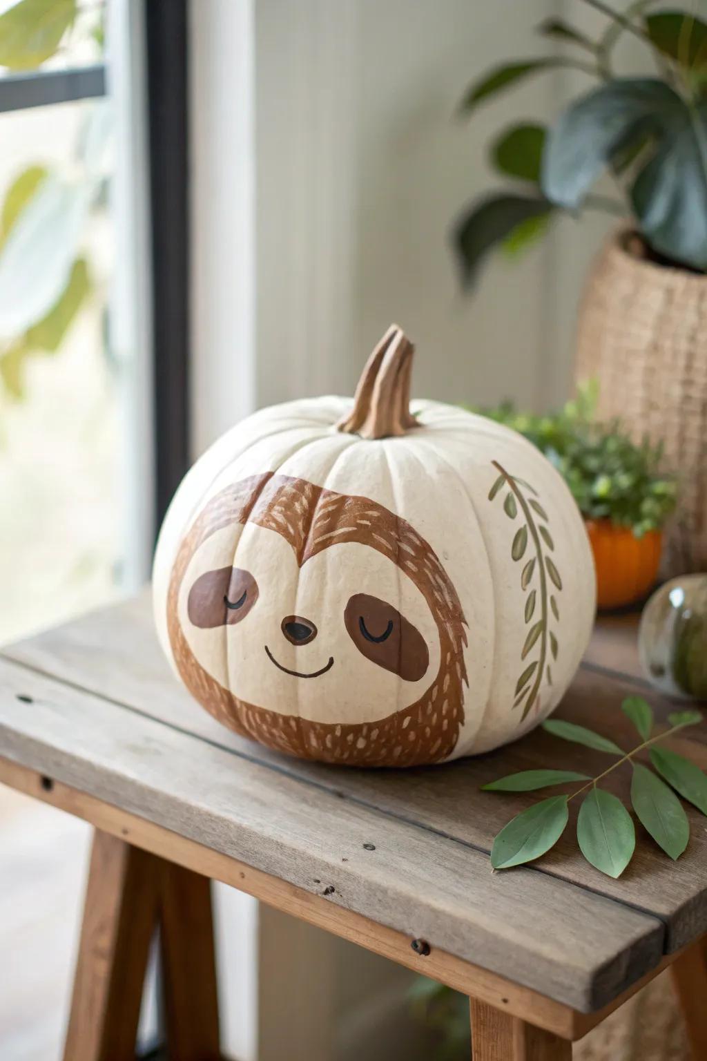 Add a touch of whimsy to your decor with this charming sloth-inspired painted pumpkin!