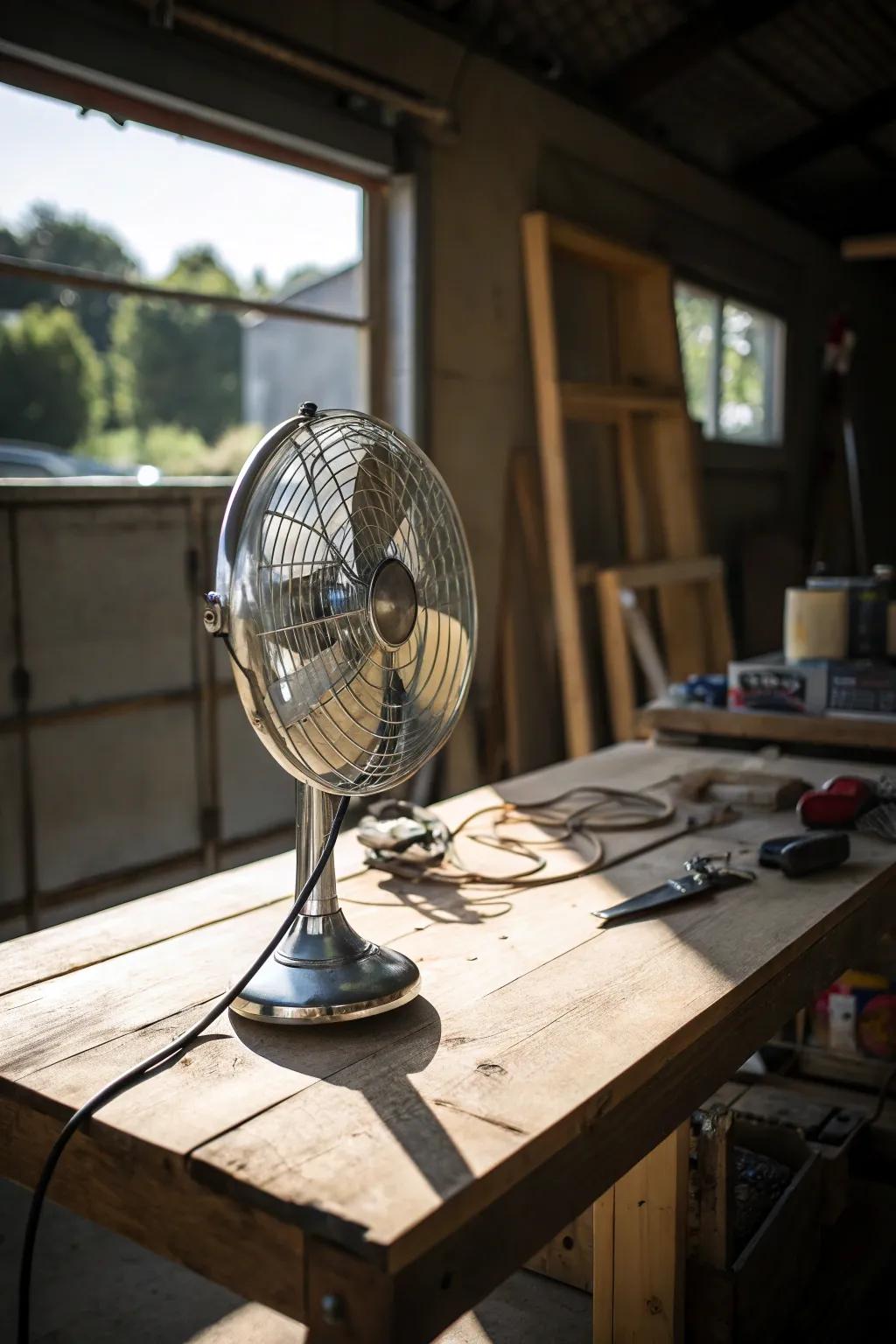 Stay cool with style: A vintage portable fan perfect for any craftsman's workshop.