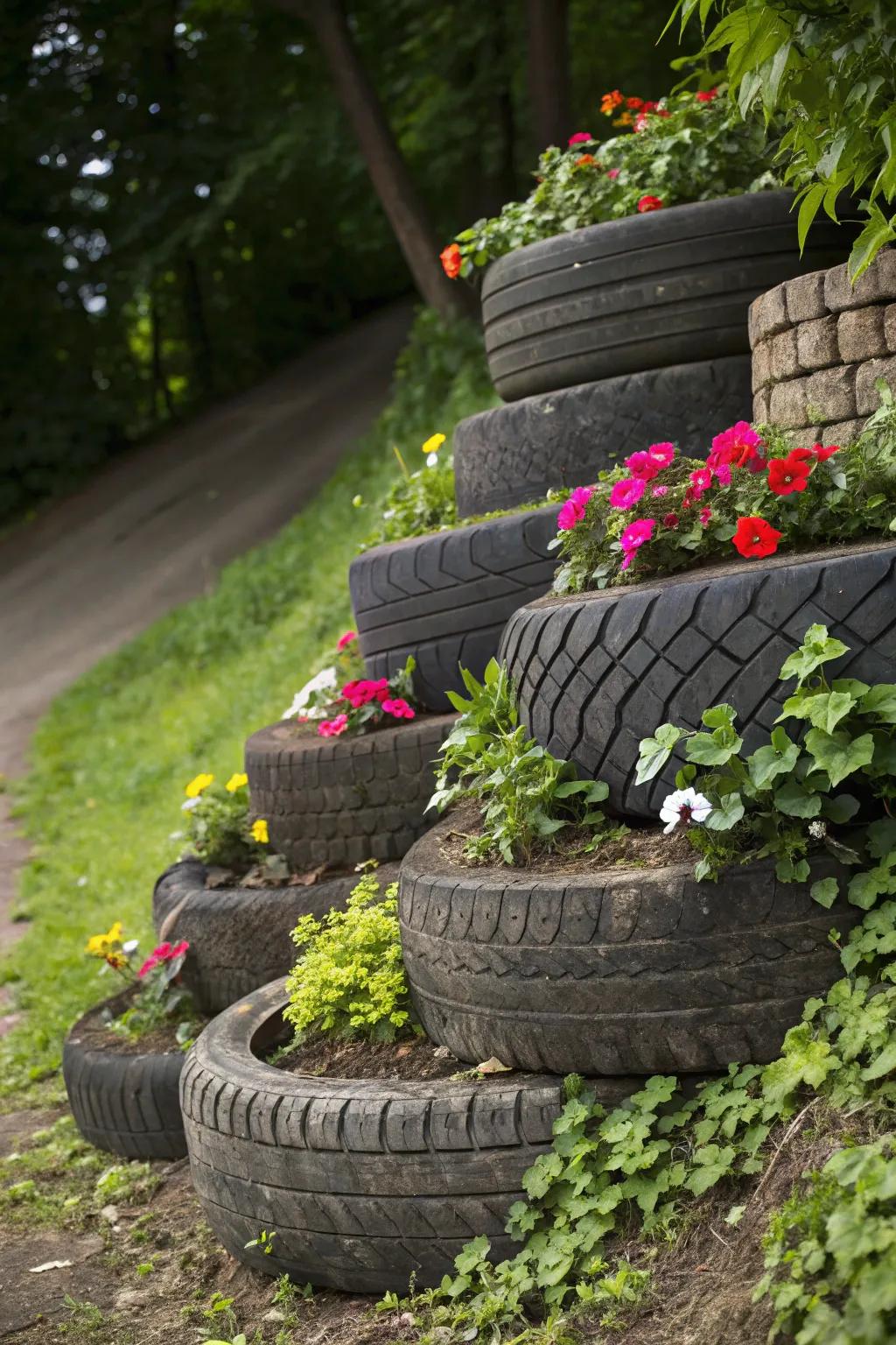 Transform your garden with a rugged yet refined tire retaining wall, showcasing vibrant blooms in an eco-friendly design.