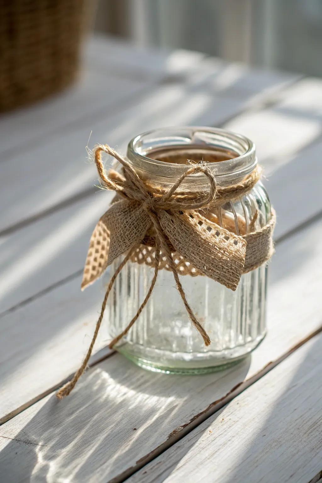 Elevate your gift-giving with charming upcycled jar wraps. 🌿✨ #SustainableBeauty #GiftWrappingIdeas