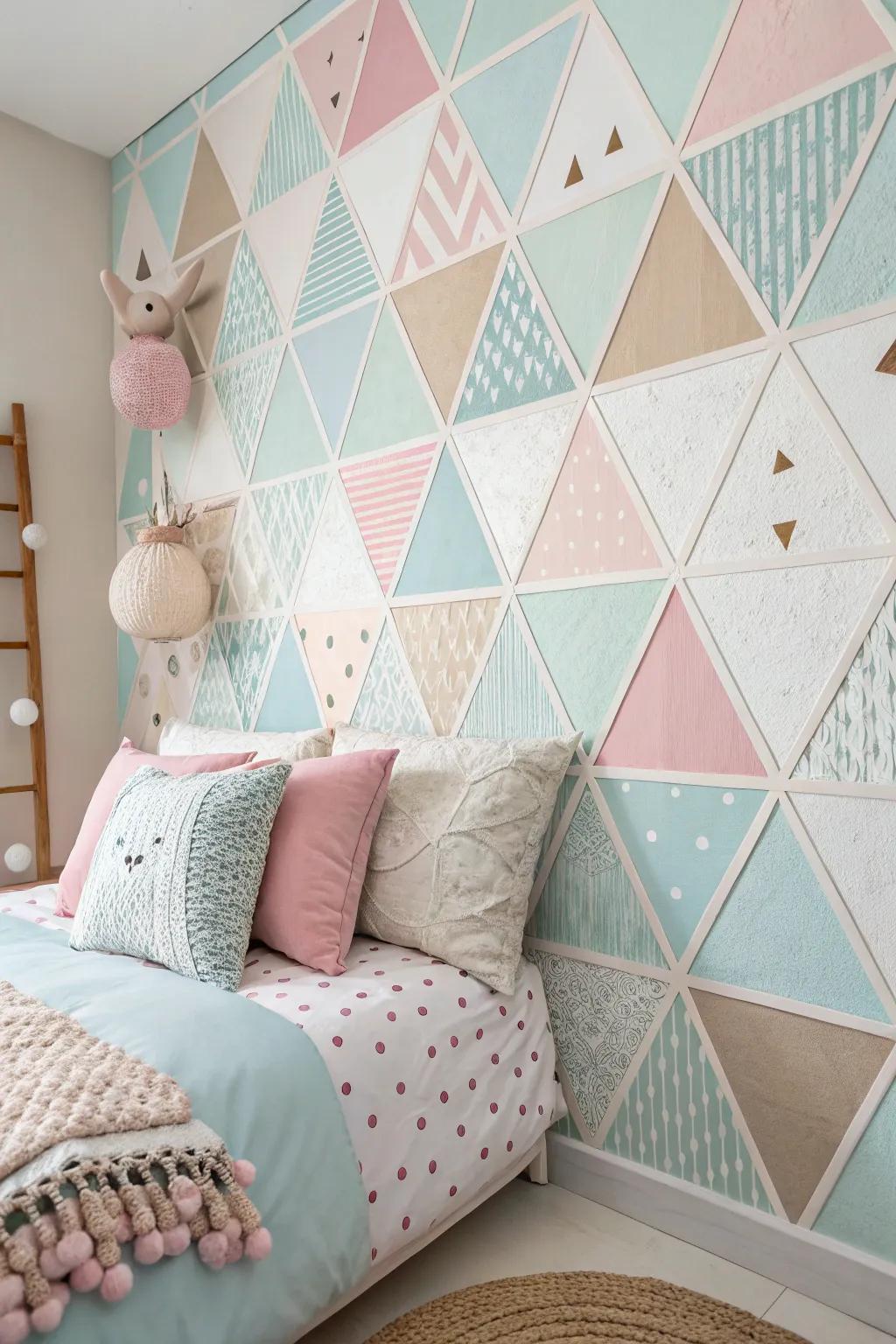 Textured geometric patterns add depth to the bedroom walls.