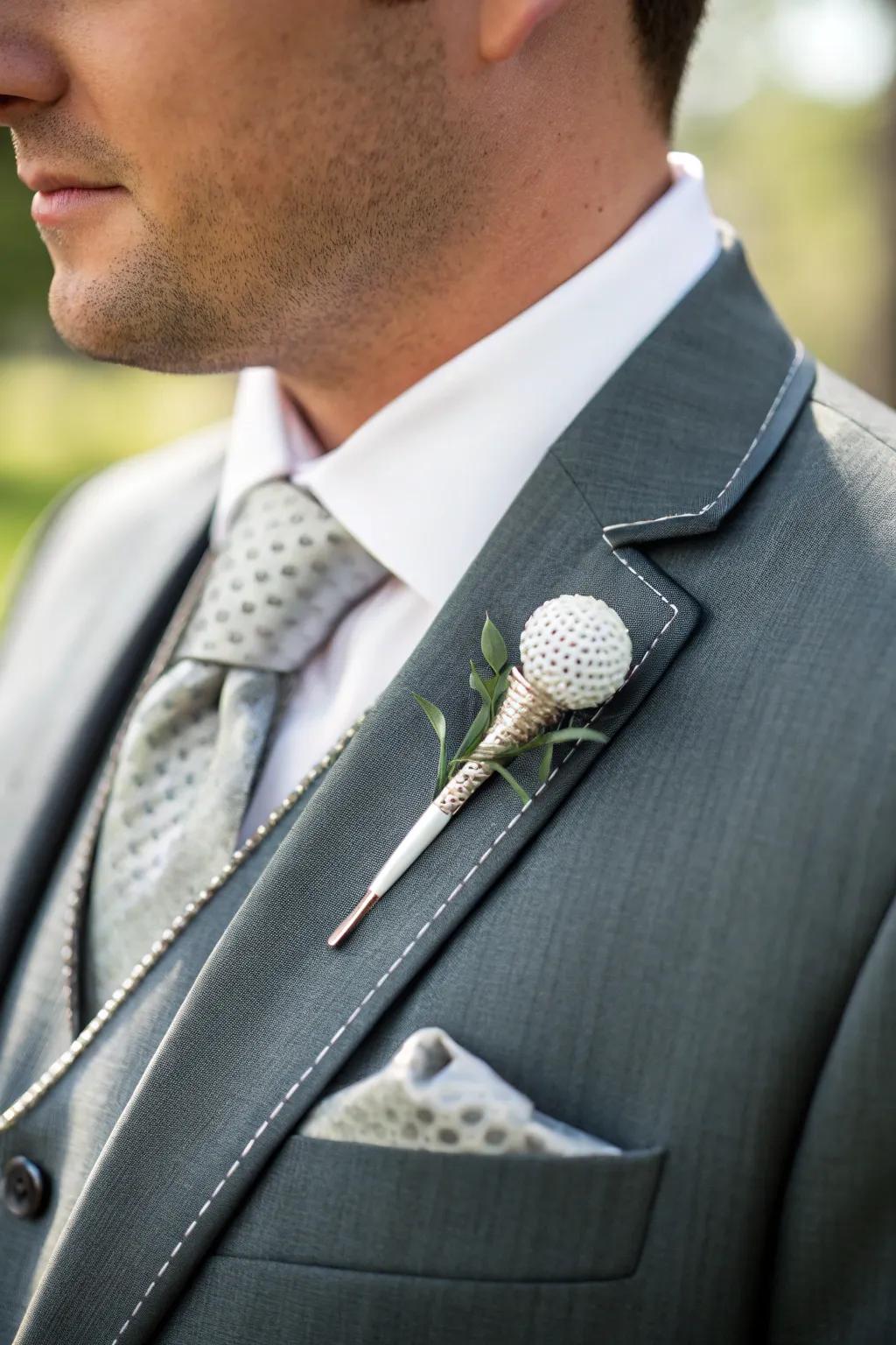 A stylish golf tee boutonniere adds a personal touch to wedding attire.