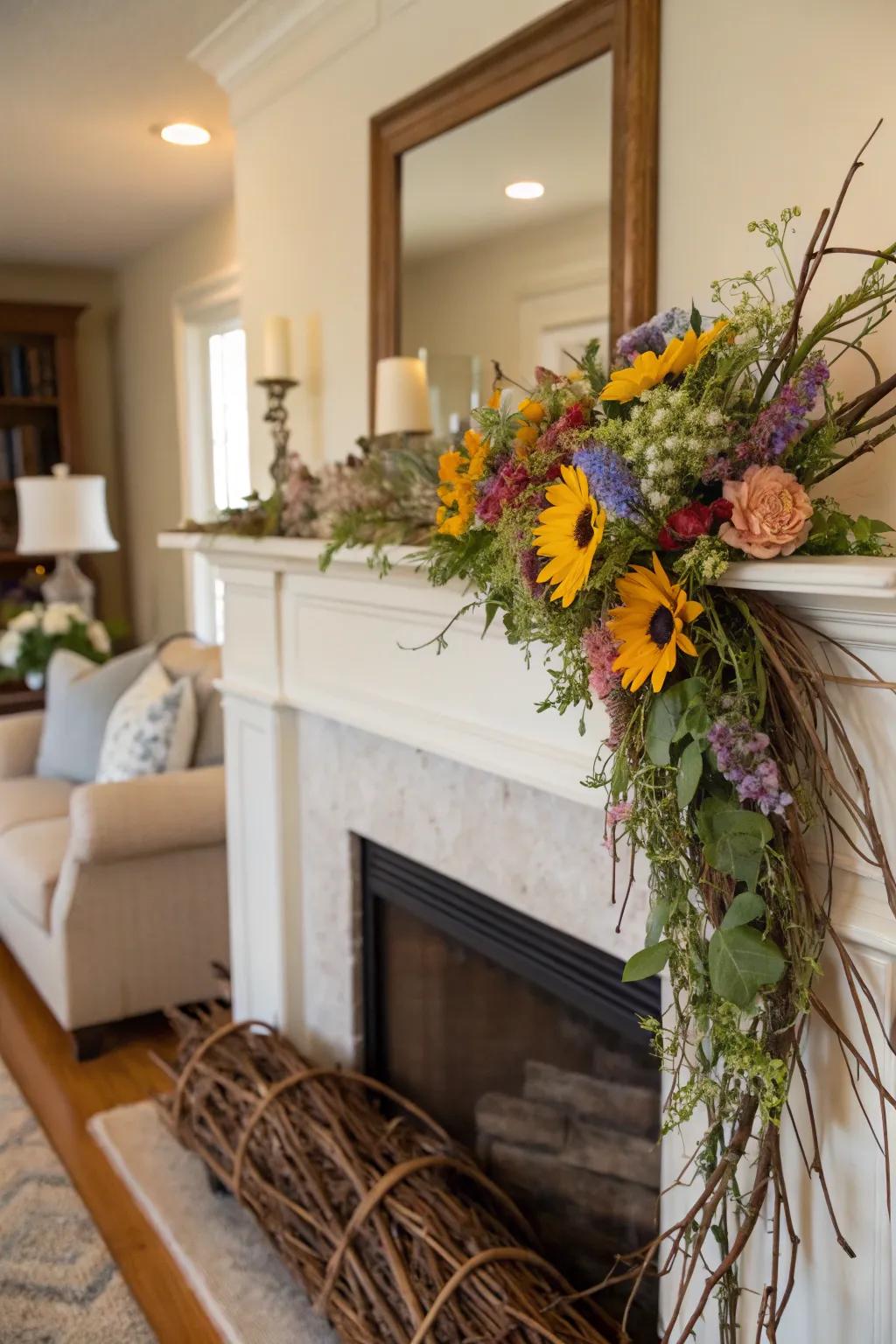 A rustic floral swag brings countryside charm to a mantel.