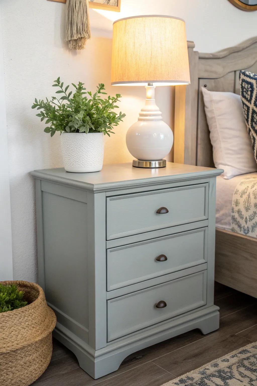 Elevate your bedroom with the simplicity and elegance of a modern gray nightstand.