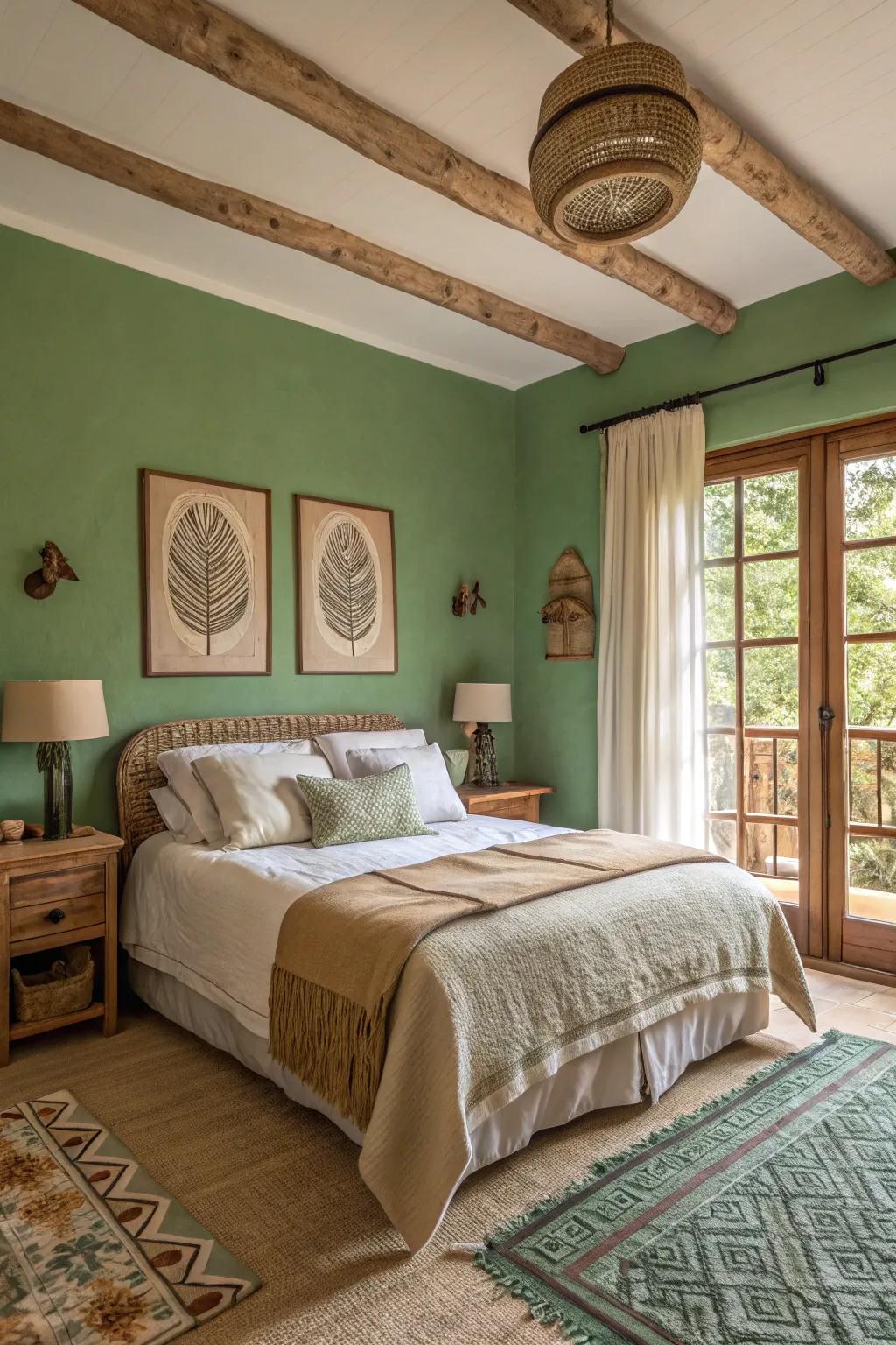 A cozy bedroom with green walls and earthy neutral decorations.
