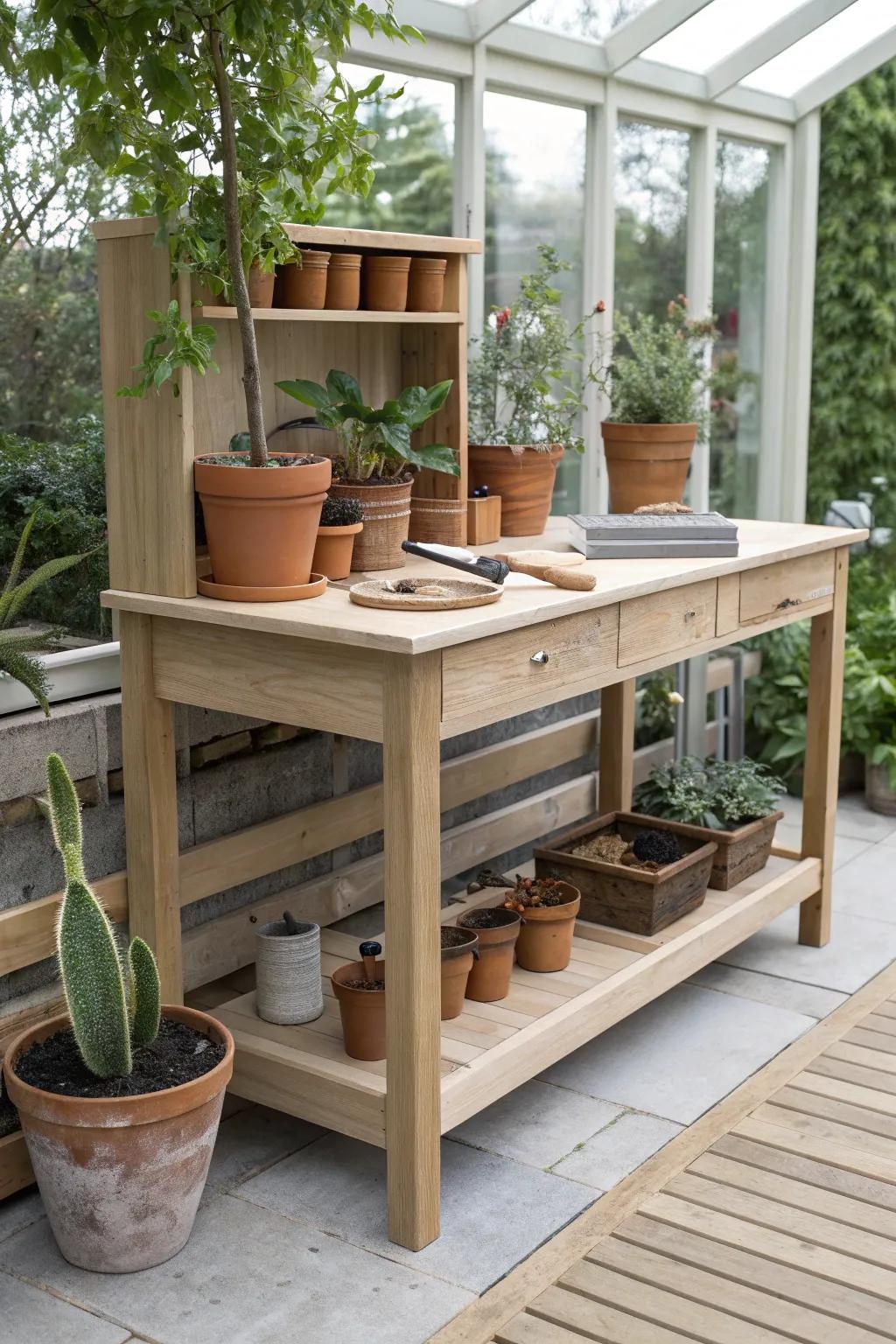 Elevate your greenhouse game with this chic raised workbench — style meets function!