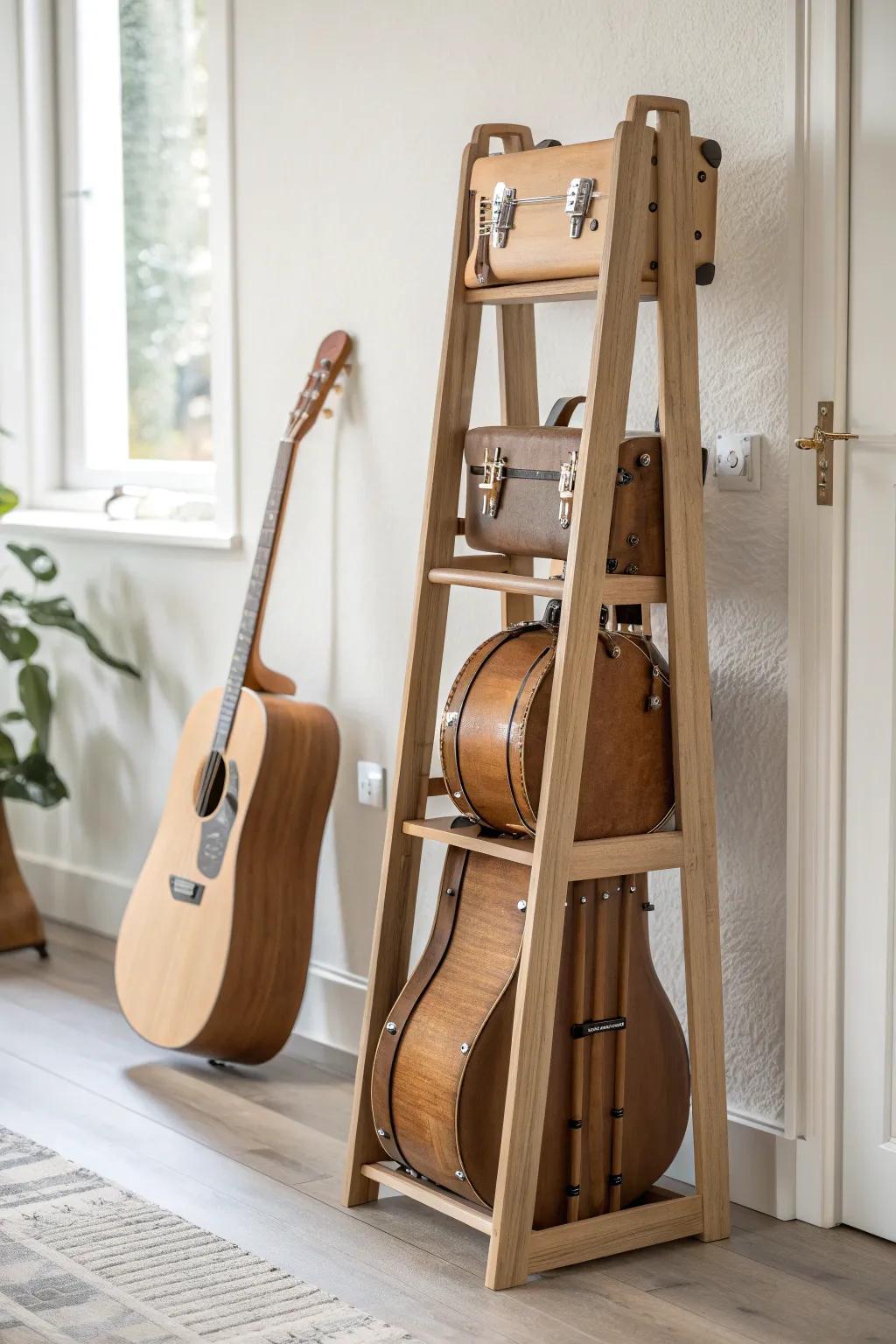 Maximize your space with stylish simplicity—this vertical guitar case rack brings elegance and organization to any room.