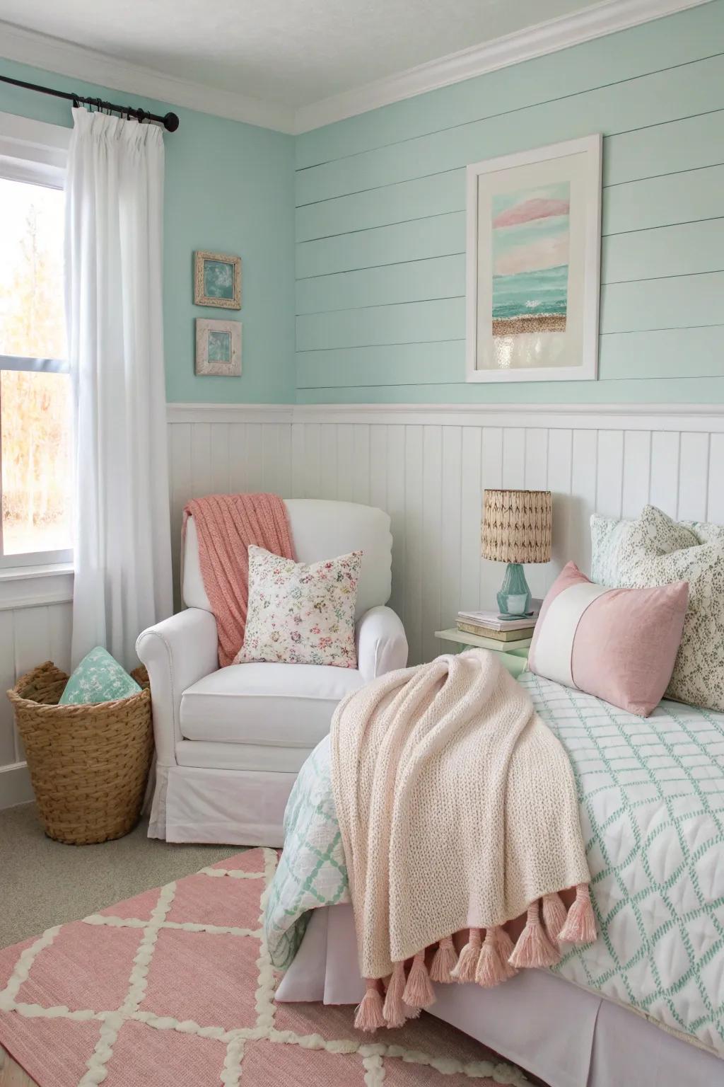 Pastel shiplap brings a soft, calming touch to this bedroom.