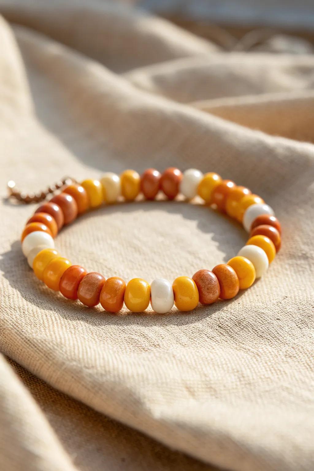 Embrace the sweet simplicity of Halloween with a candy corn-inspired clay bead bracelet.