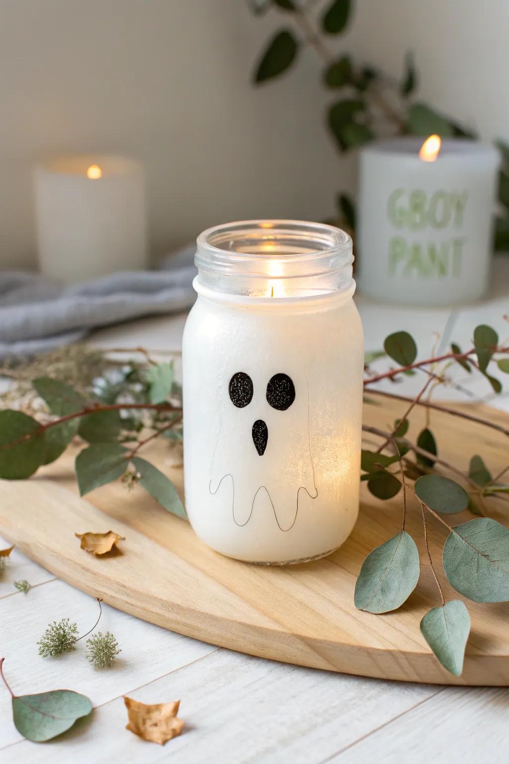 Illuminate your space with the enchanting glow of a minimalist ghost jar, perfect for a cozy Halloween vibe.