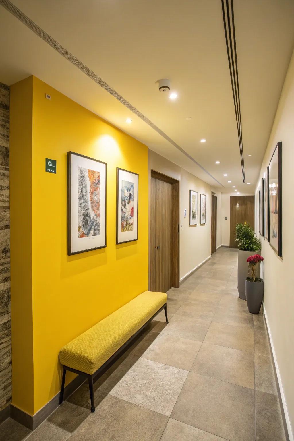 A bright accent wall can bring joy and vibrancy to any hallway.