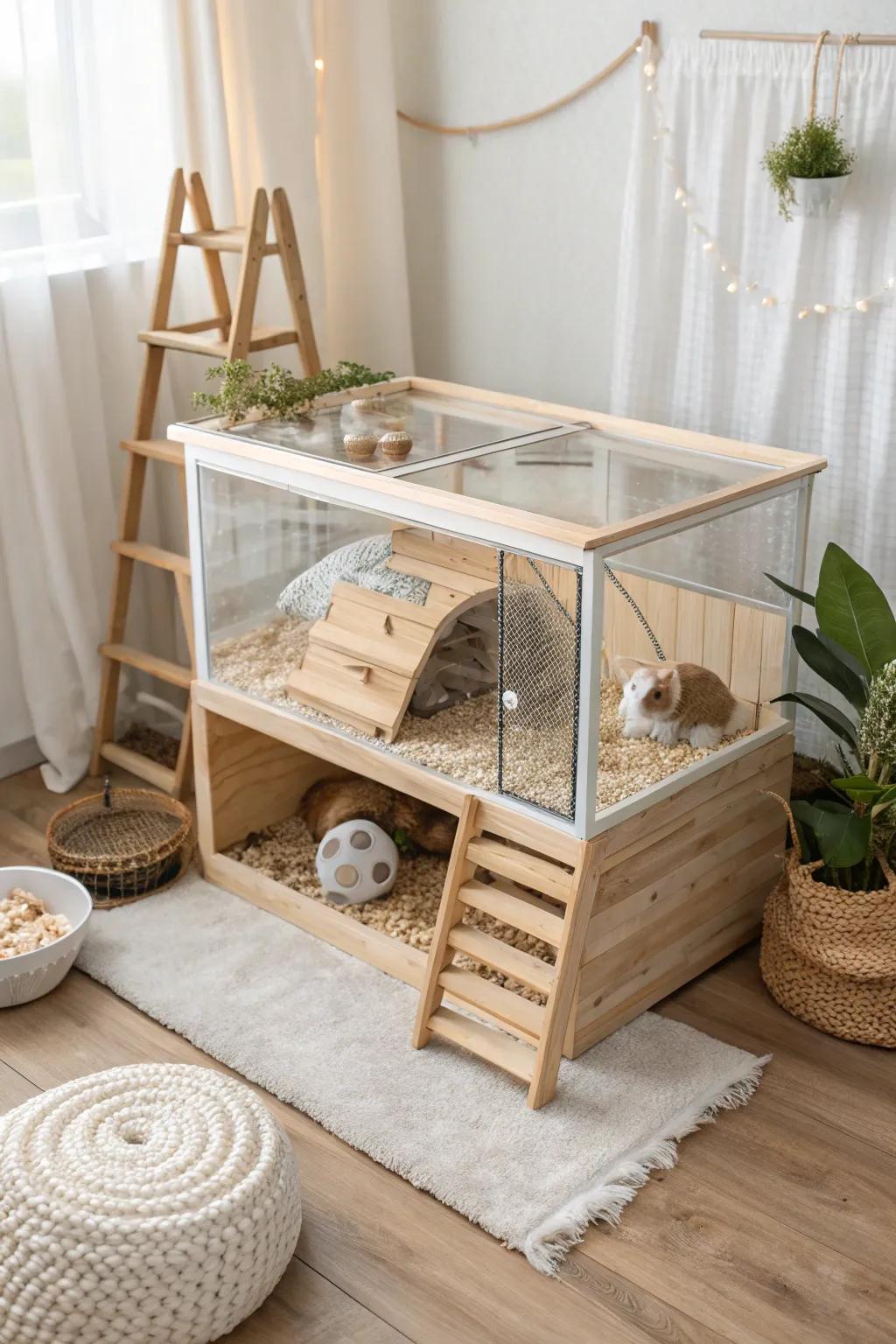 Elevate your hamster's habitat with a tiered adventure space that combines minimalist design and natural beauty. 🐹✨