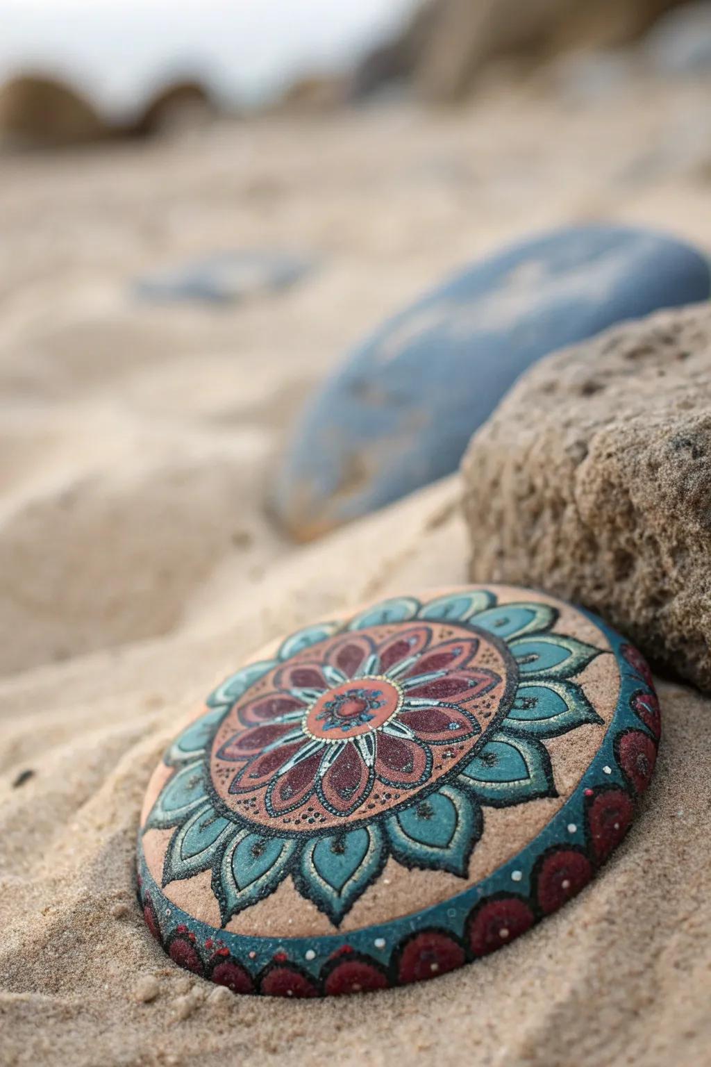 Step into serenity with this beautifully crafted mandala stone, where art meets tranquility.