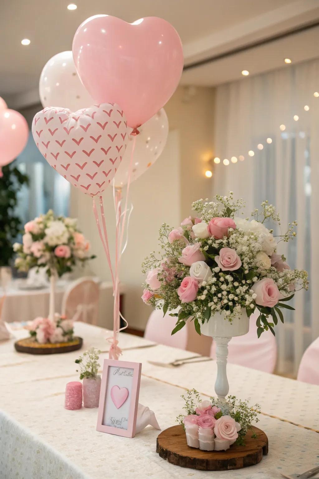 Charming heart balloon centerpieces paired with flowers.