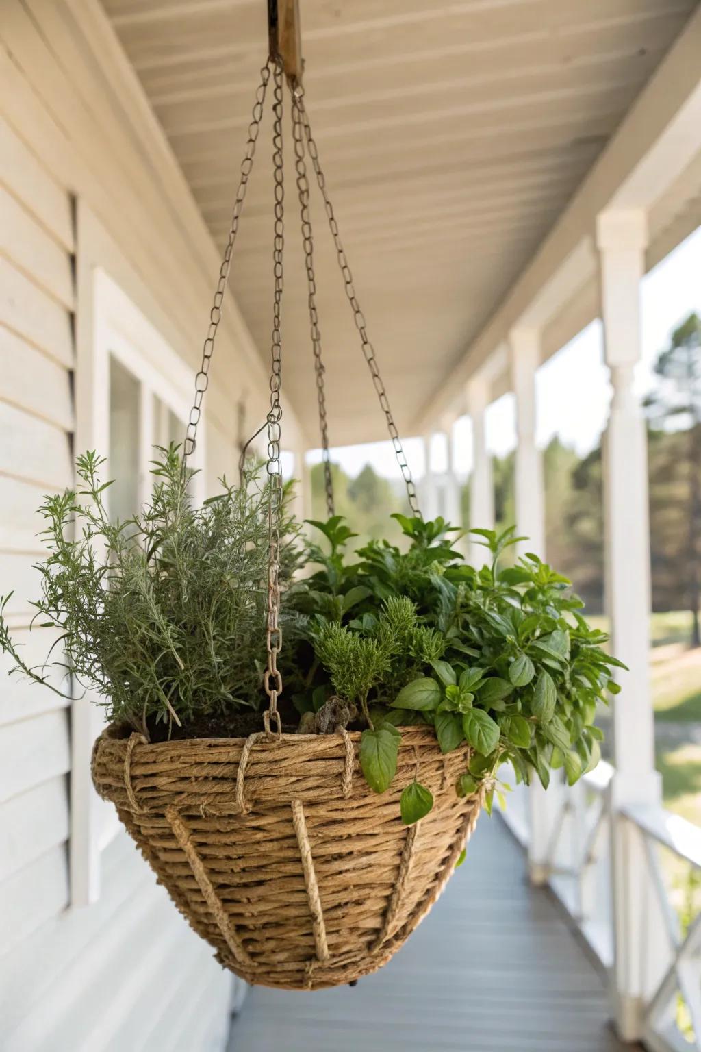 Elevate your herb garden with charming hanging baskets that bring a touch of nature to any minimalist space.