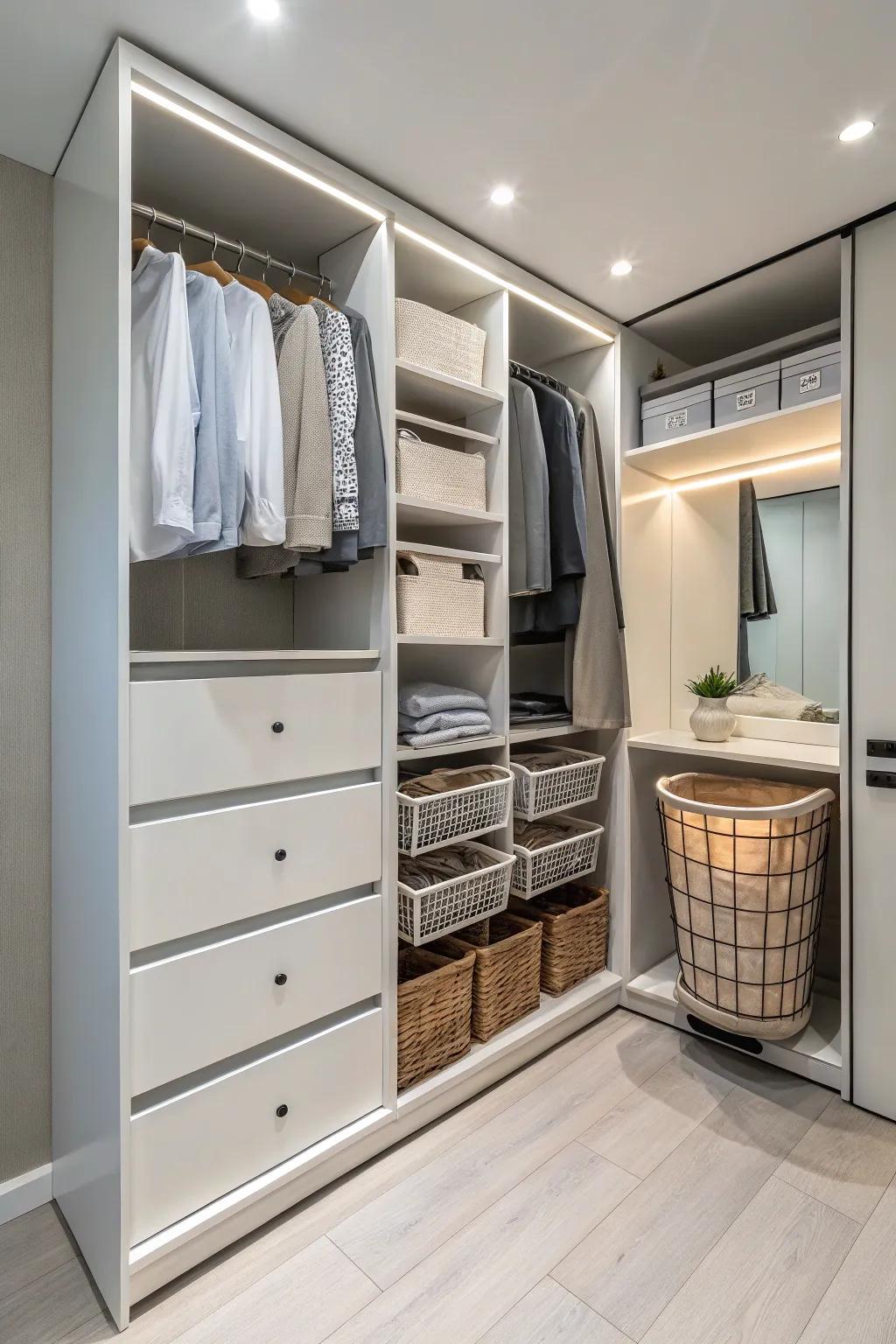 Pull-out hampers for a clutter-free closet.