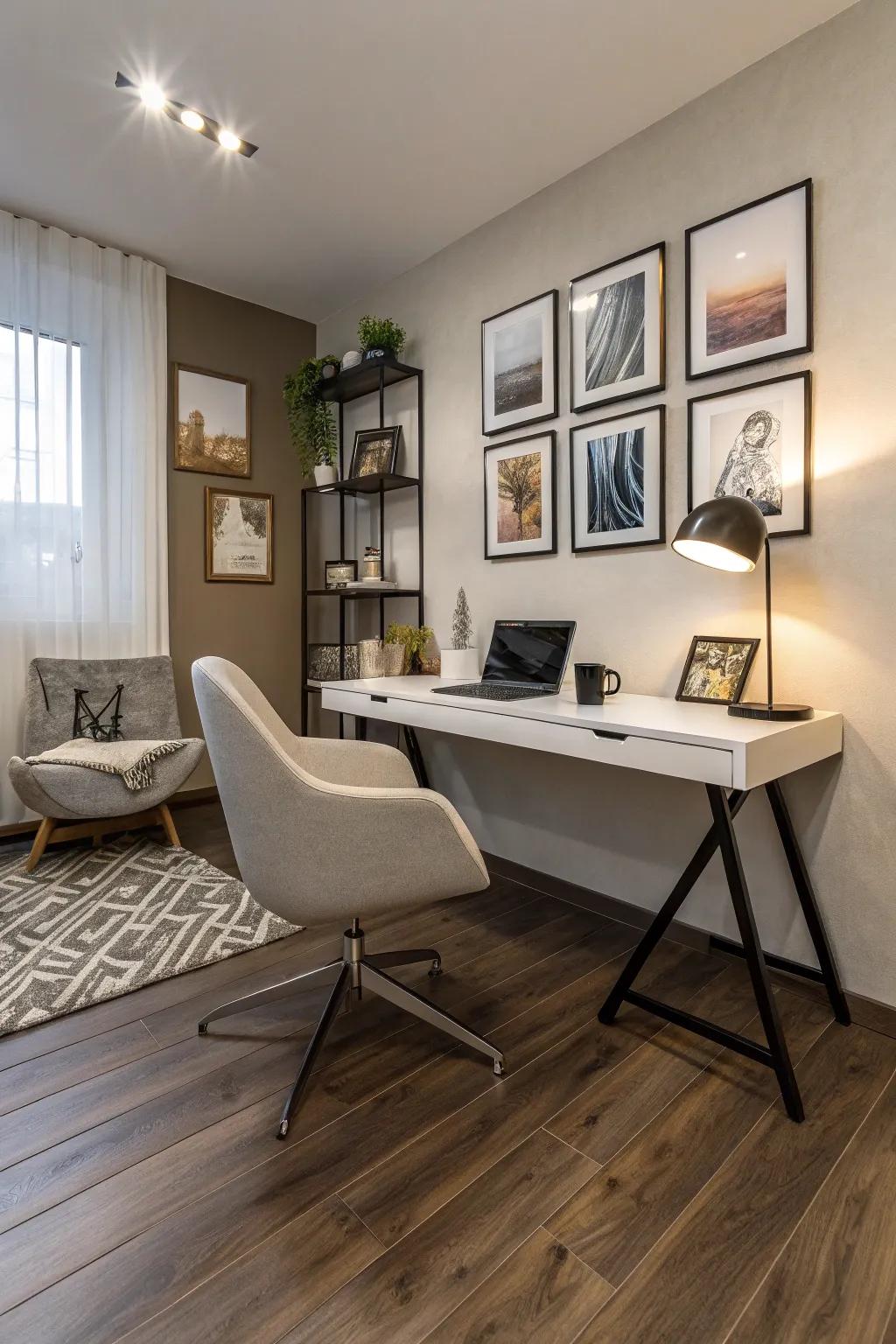 Laminate flooring combines style and practicality for a modern office vibe.