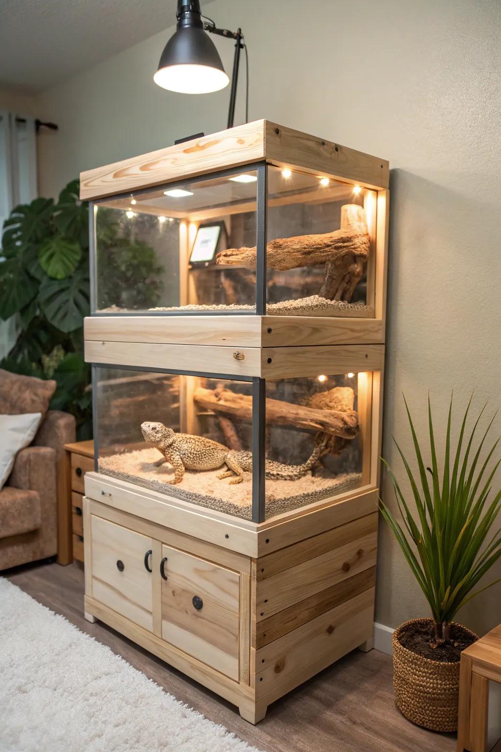 Elevate your bearded dragon's home with this stylish, multi-level DIY tank, perfect for exploring and basking in natural beauty.