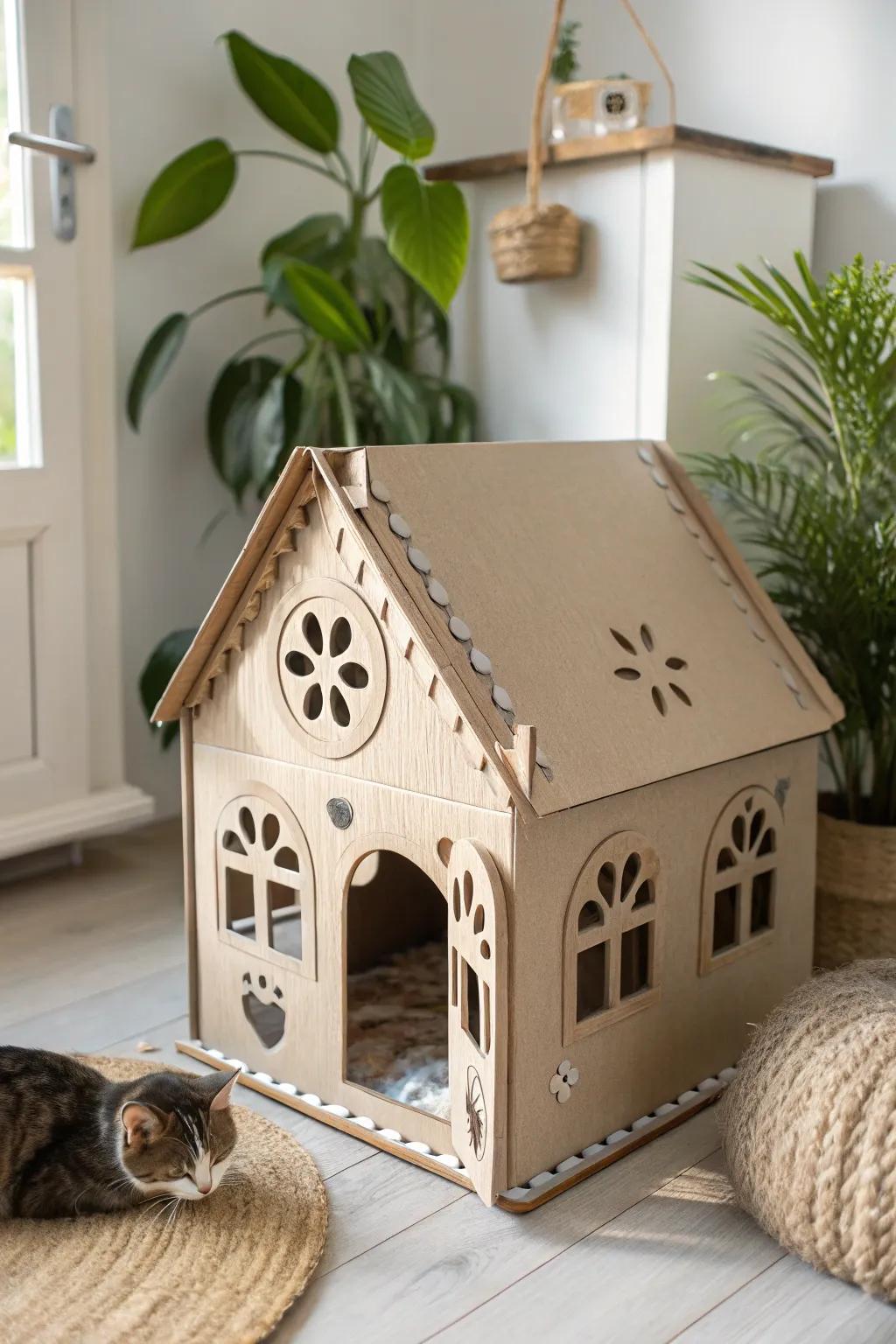 Peek-a-boo! This minimalist cardboard cat house with charming windows is a cozy haven for your feline friend.