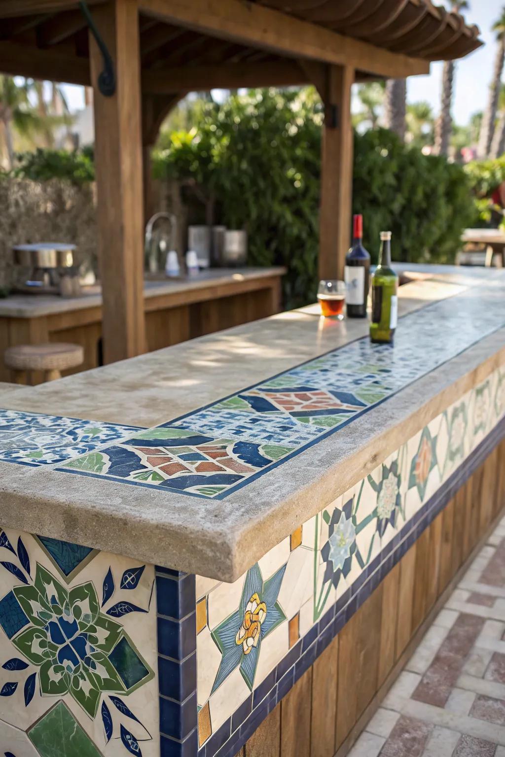 Elevate your outdoor space with a handcrafted tile mosaic bar top, where artistry meets durability.