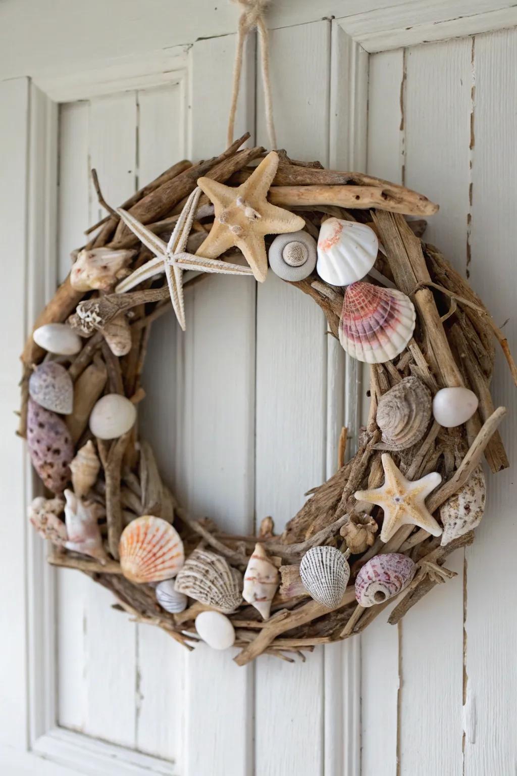 Embrace coastal charm with a handcrafted seashell wreath, perfect for adding a touch of seaside serenity to your home.