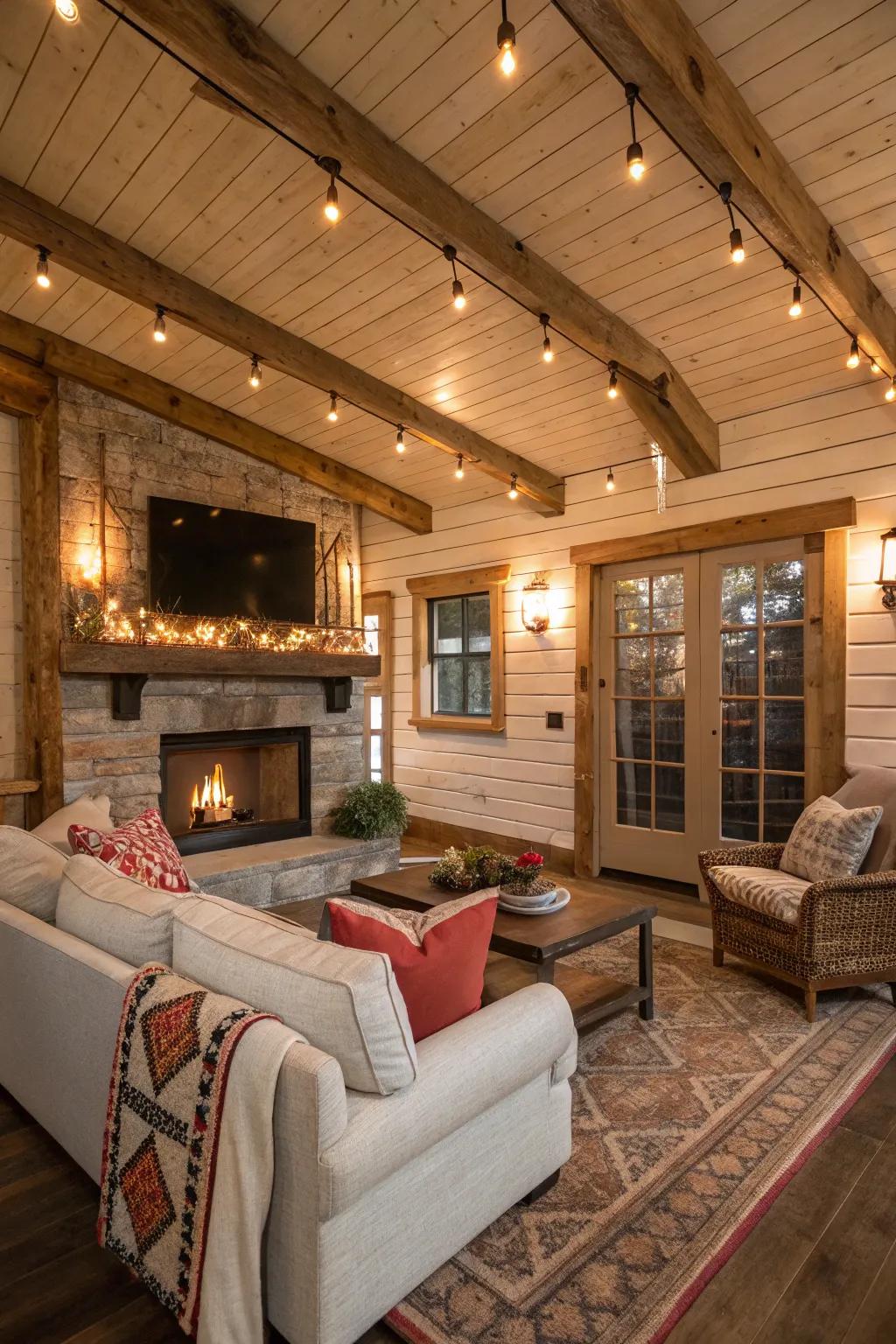 Cozy living space with rustic charm from shiplap and exposed beams.