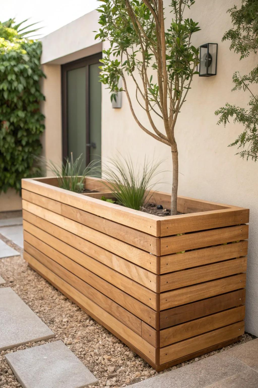 Embrace modern elegance with a cedar slatted planter box that enhances your minimalist garden oasis.