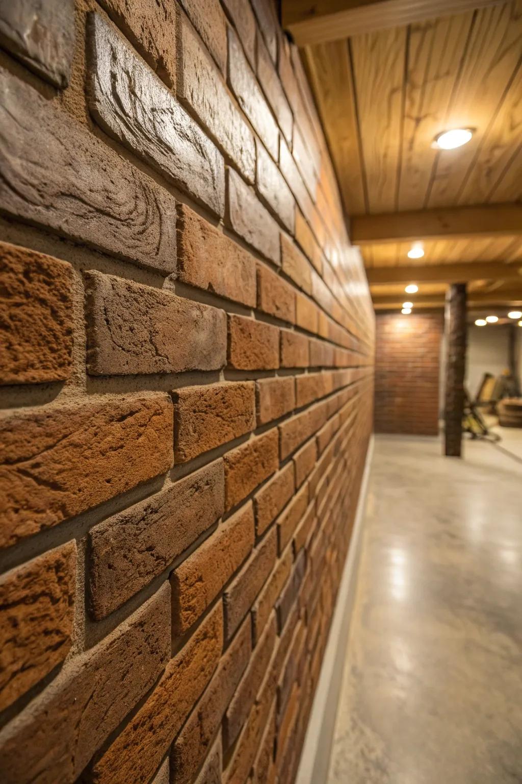 Transform your basement with the timeless charm of faux brick panels, combining ease and elegance.