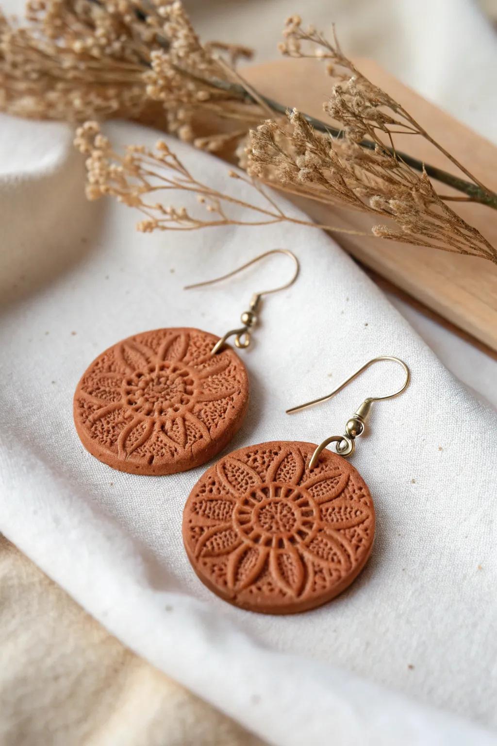 Embrace rustic elegance with these textured terracotta clay earrings, where intricate lace patterns meet Scandinavian minimalism.