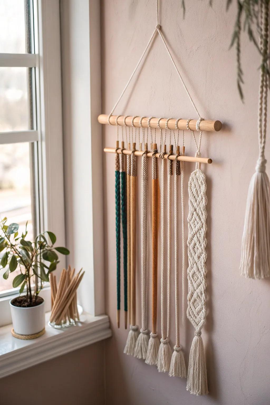 Transform your knitting tools into a stunning art piece with this minimalist hanging display.