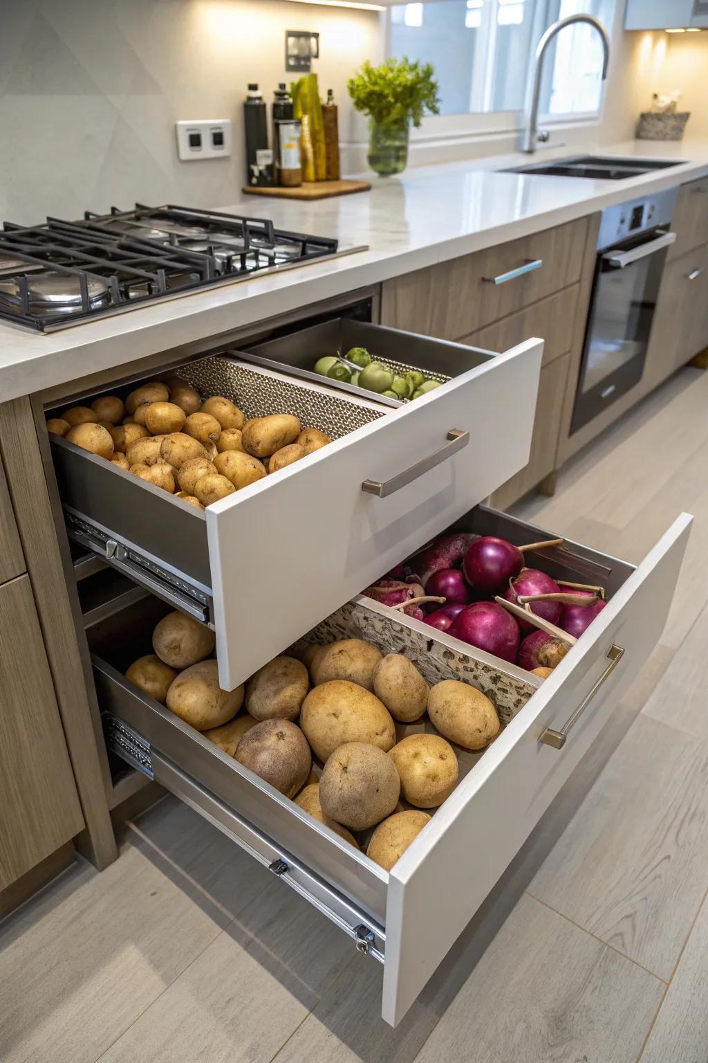 Pull-out drawers offer a space-saving way to store kitchen essentials.