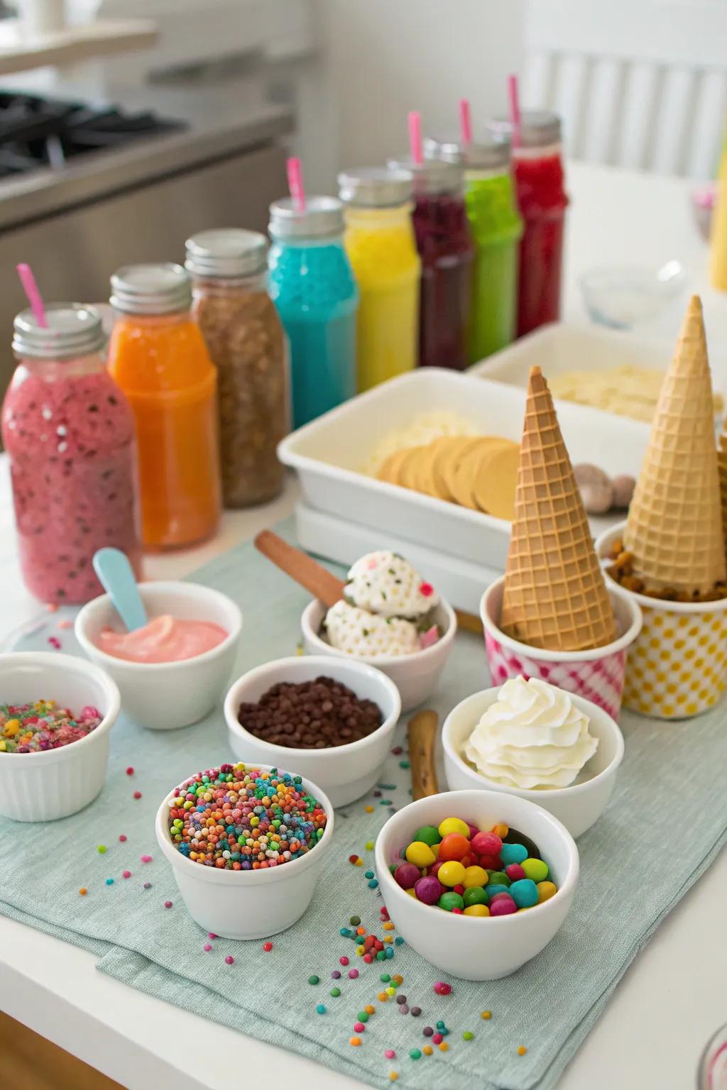 A DIY ice cream station with an array of toppings and sauces.