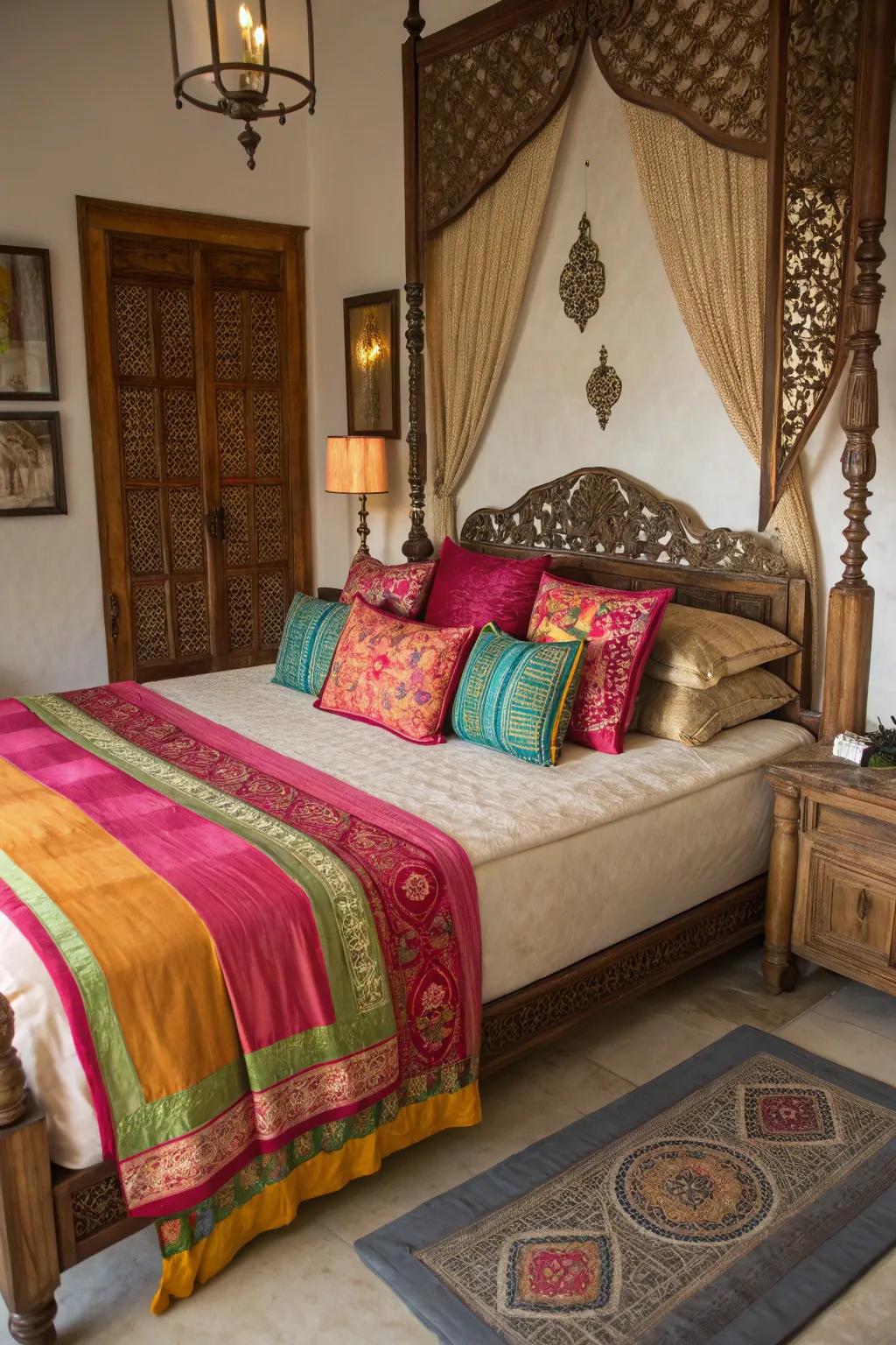 Luxurious textiles create a cozy and elegant bedroom.