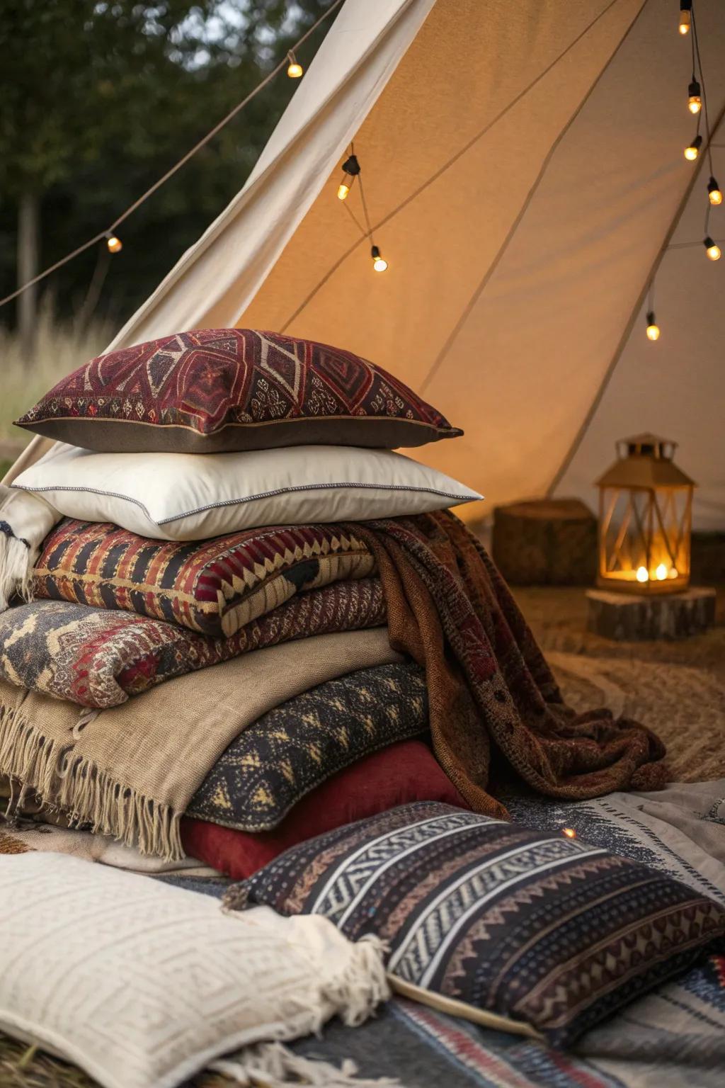 Create your own plush oasis: Dive into the ultimate comfort with layers of cushions and blankets.