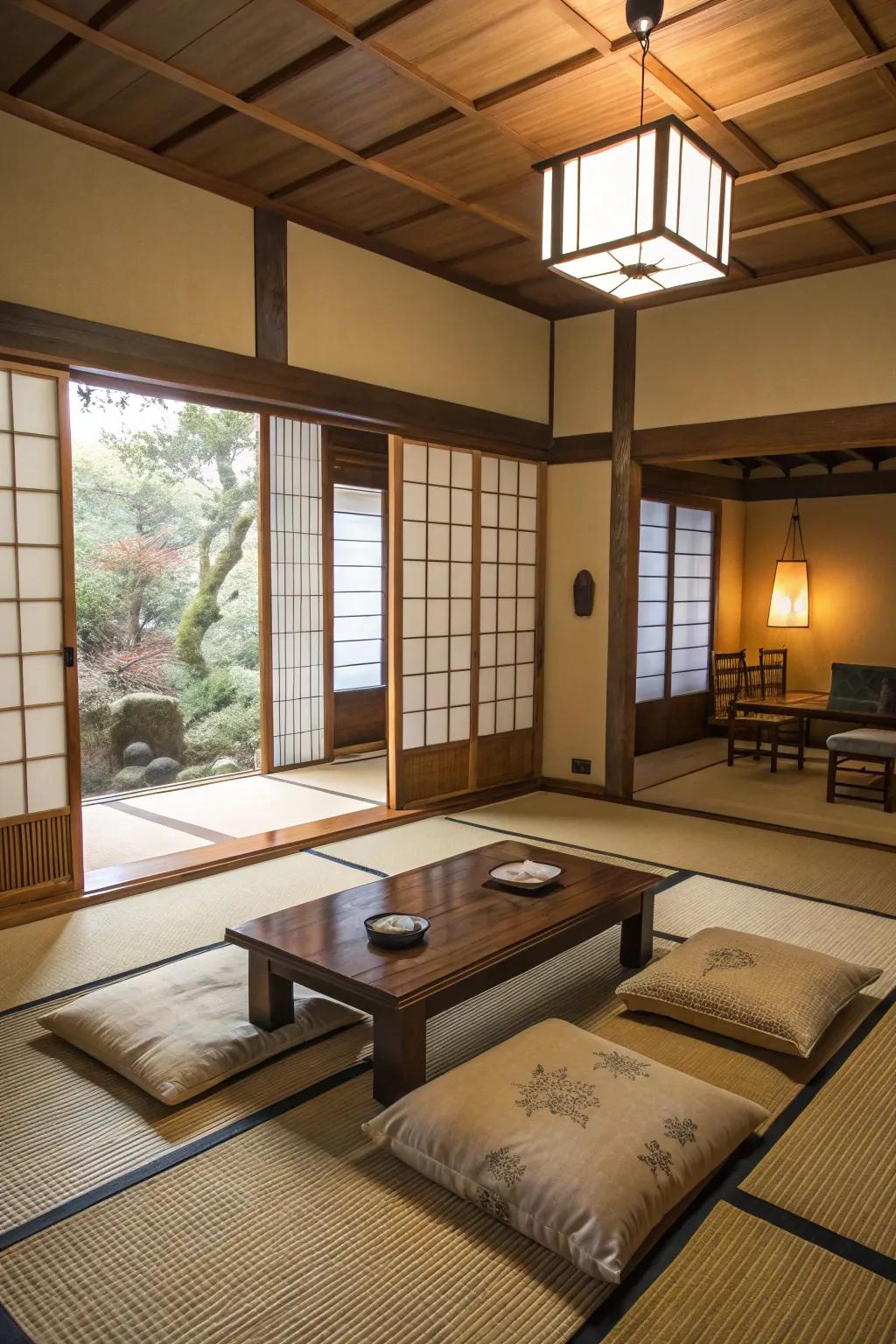 Low seating arrangements foster a comfortable and inviting ambiance.